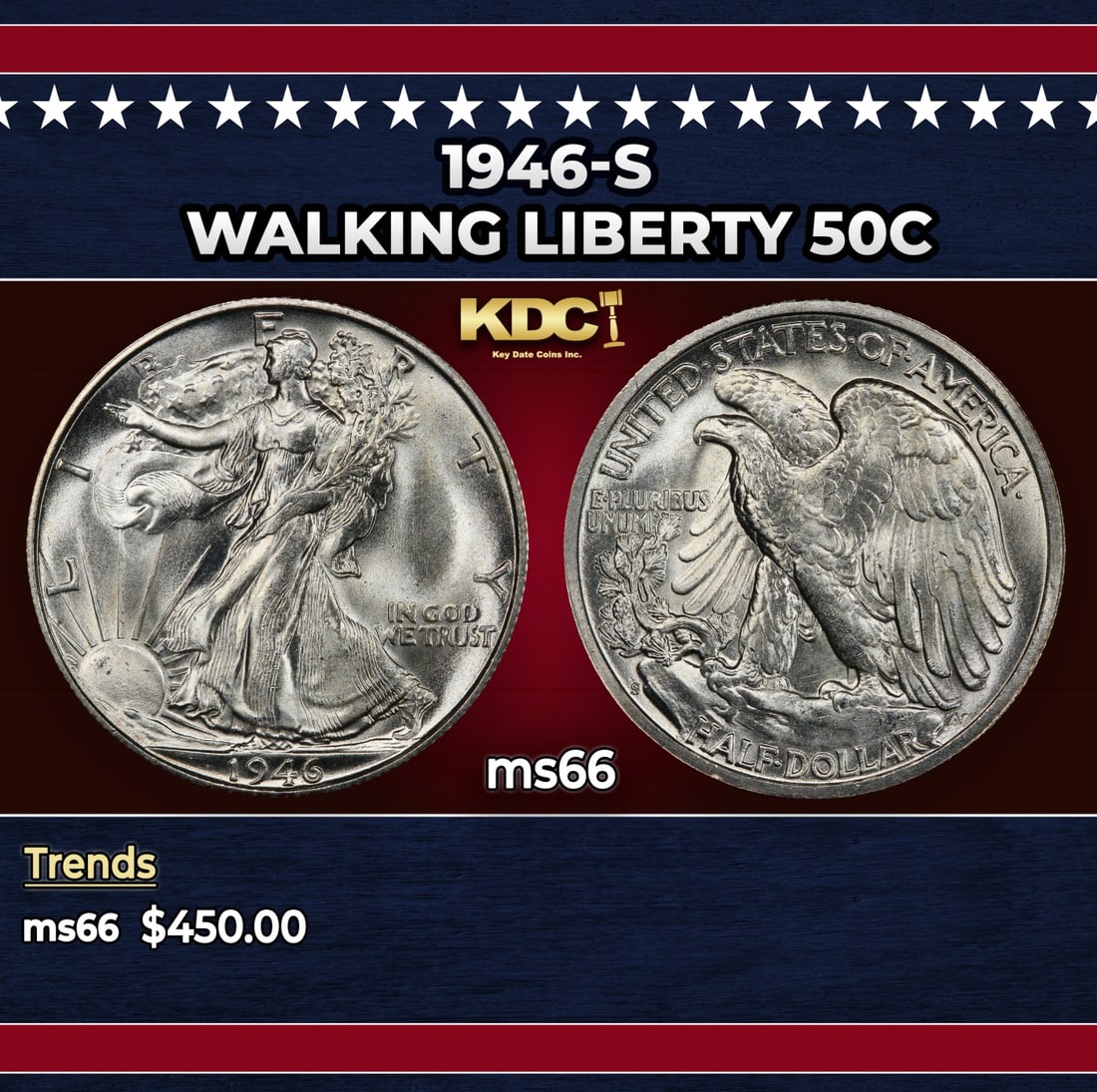 1946-s Walking Liberty Half Dollar 50c Grades ms66: 1946-s Walking Liberty Half Dollar 50c Grades ms66. Historic precious metal trends is causing increased spot pricing by the day. On auctions with set openings, we are doing our best to have items pric