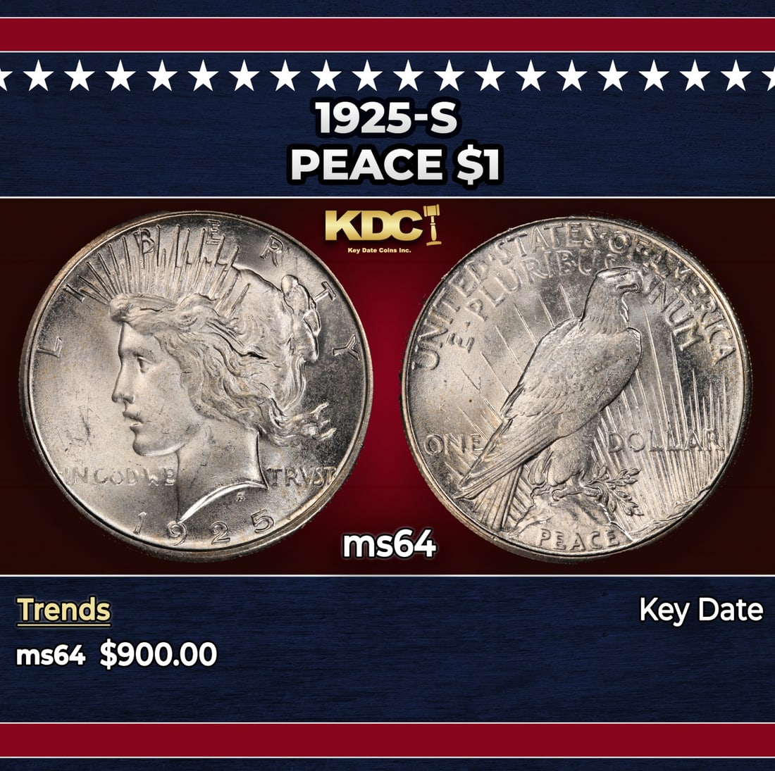 1925-s Peace Dollar $1 Grades ms64: 1925-s Peace Dollar $1 Grades ms64. Historic precious metal trends is causing increased spot pricing by the day. On auctions with set openings, we are doing our best to have items priced at their mark