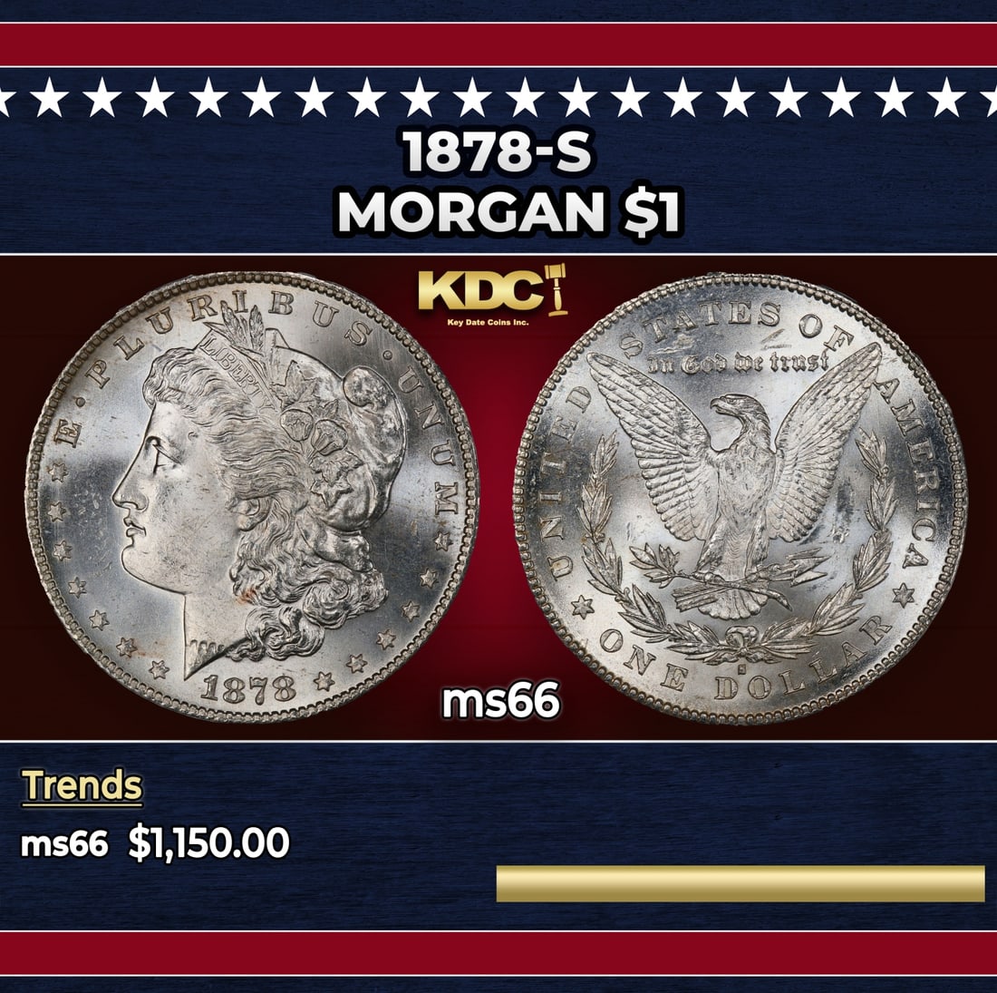 1878-s Morgan Dollar $1 ms66 SEGS: 1878-s Morgan Dollar $1 ms66 SEGS. Slightly better date. First year of issue. Historic precious metal trends is causing increased spot pricing by the day. On auctions with set openings, we are doing o