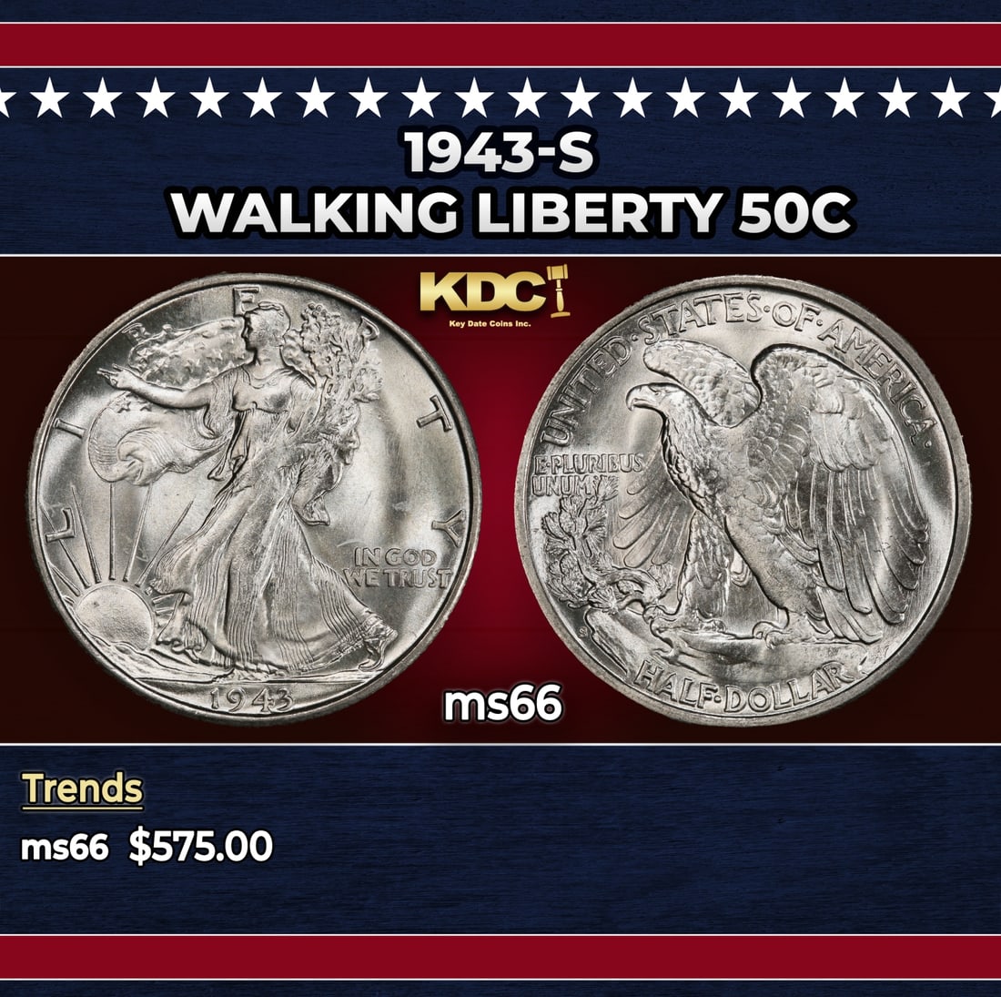 1943-s Walking Liberty Half Dollar 50c Grades ms66: 1943-s Walking Liberty Half Dollar 50c Grades ms66. Historic precious metal trends is causing increased spot pricing by the day. On auctions with set openings, we are doing our best to have items pric