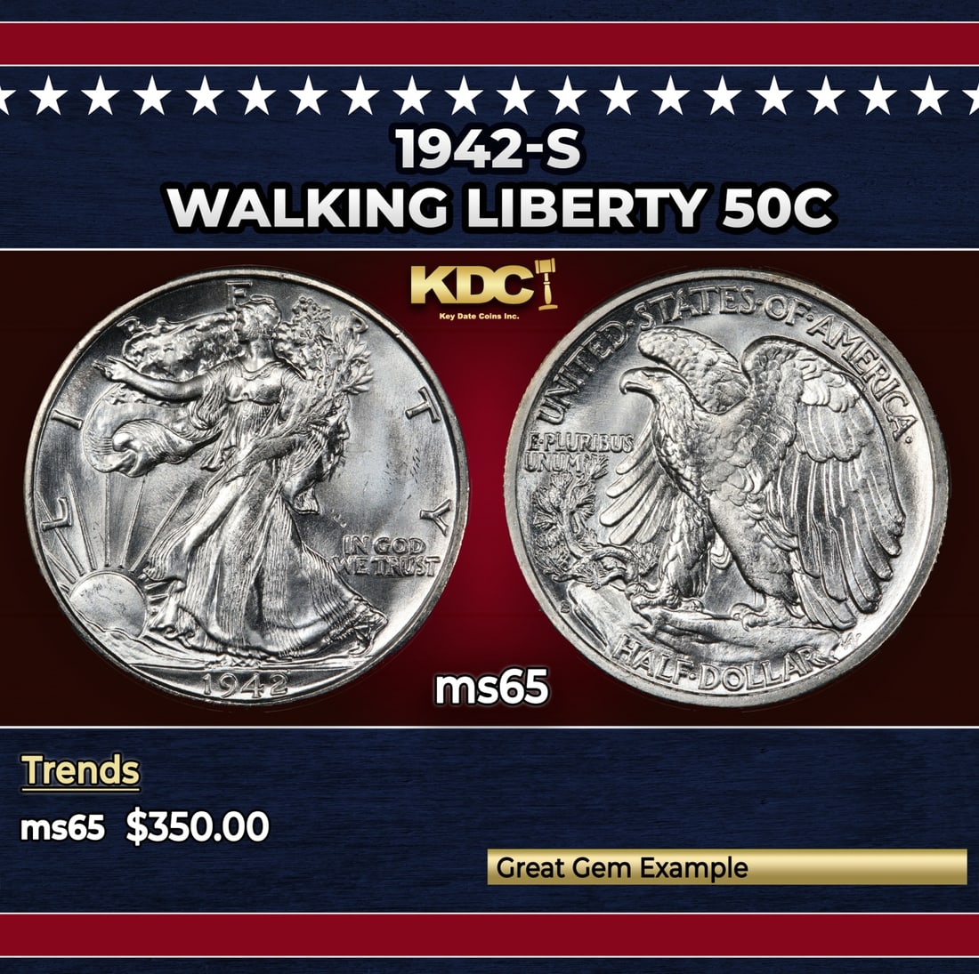 1942-s Walking Liberty Half Dollar 50c Grades ms65: 1942-s Walking Liberty Half Dollar 50c Grades ms65. Historic precious metal trends is causing increased spot pricing by the day. On auctions with set openings, we are doing our best to have items pric