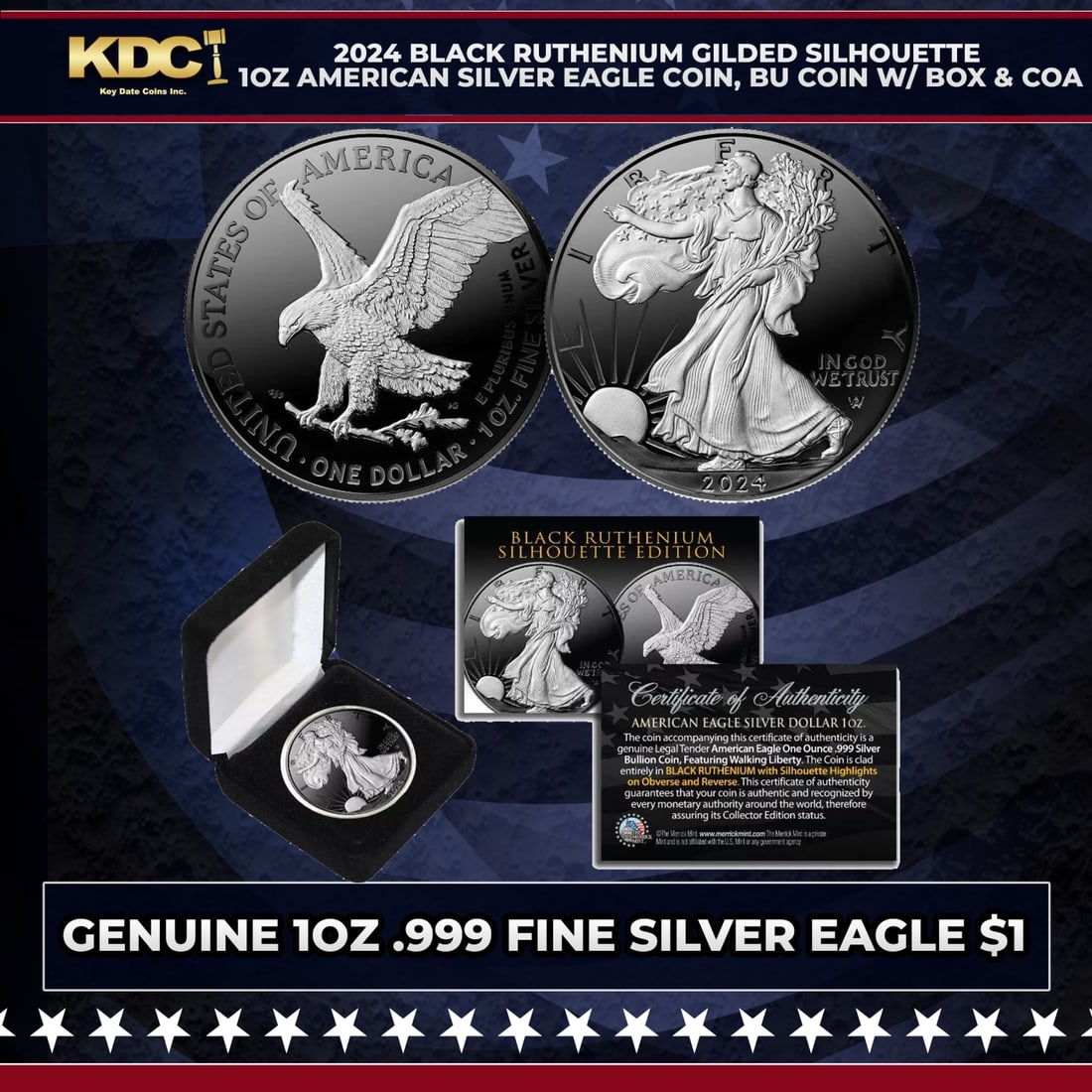 2024 Black Ruthenium Gilded Silhouette 1oz American Silver Eagle Coin, BU Coin w/ Box & COA Other: 2024 Black Ruthenium Gilded Silhouette 1oz American Silver Eagle Coin, BU Coin w/ Box & COA. Seize this opportunity to acquire this BLACK RUTHENIUM EDITION 2024 American Silver Eagle Dollar U.S. Coin.