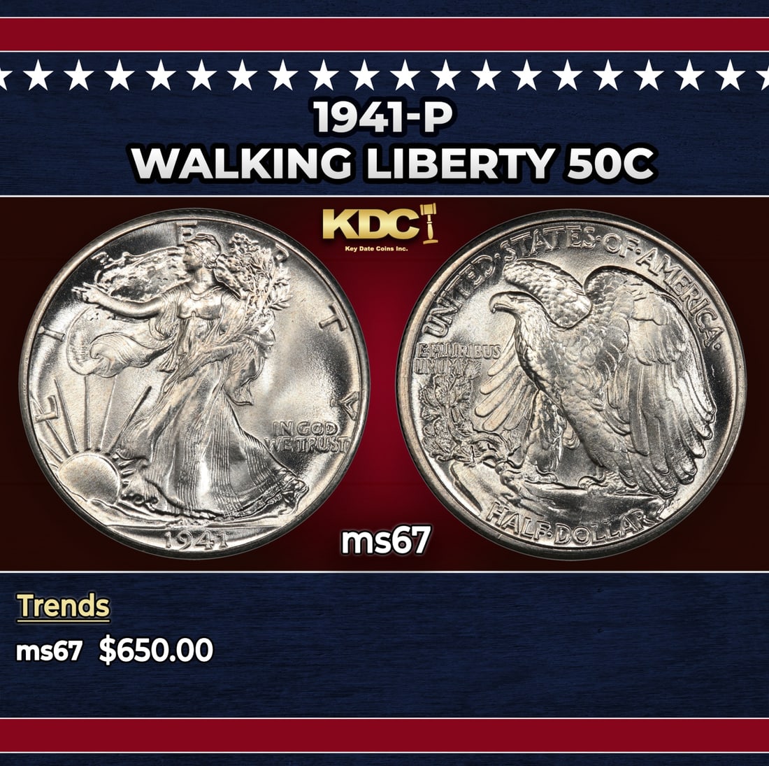 1941-p Walking Liberty Half Dollar 50c ms67 SEGS: 1941-p Walking Liberty Half Dollar 50c ms67 SEGS. Historic precious metal trends is causing increased spot pricing by the day. On auctions with set openings, we are doing our best to have items priced