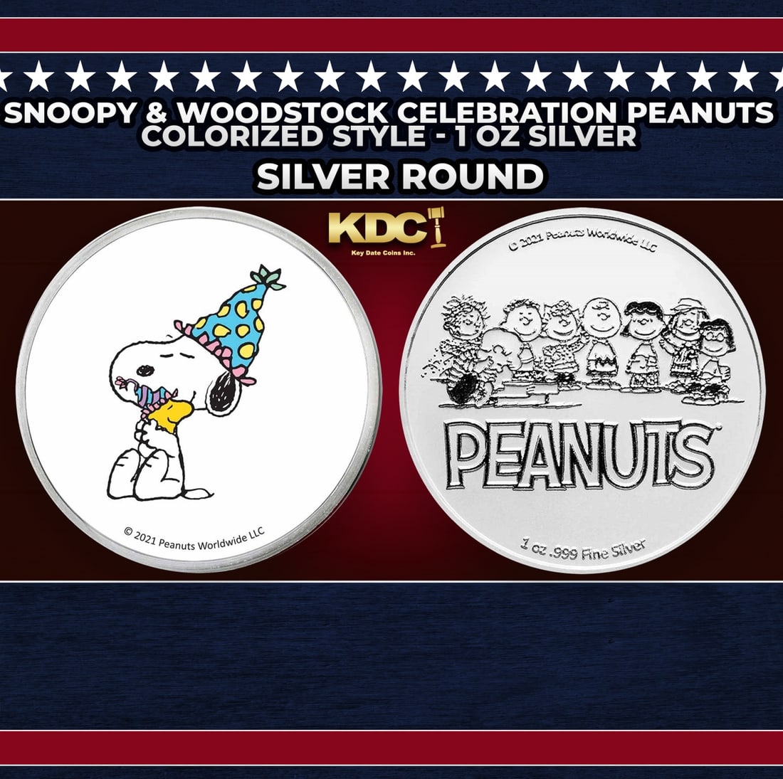 Snoopy & Woodstock Celebration Peanuts Colorized Style - 1 oz Silver Round Round: Snoopy & Woodstock Celebration Peanuts Colorized Style - 1 oz Silver Round. Now you can collect all of the classic Peanuts characters on these officially licensed silver rounds! Contains 1oz of .999 F