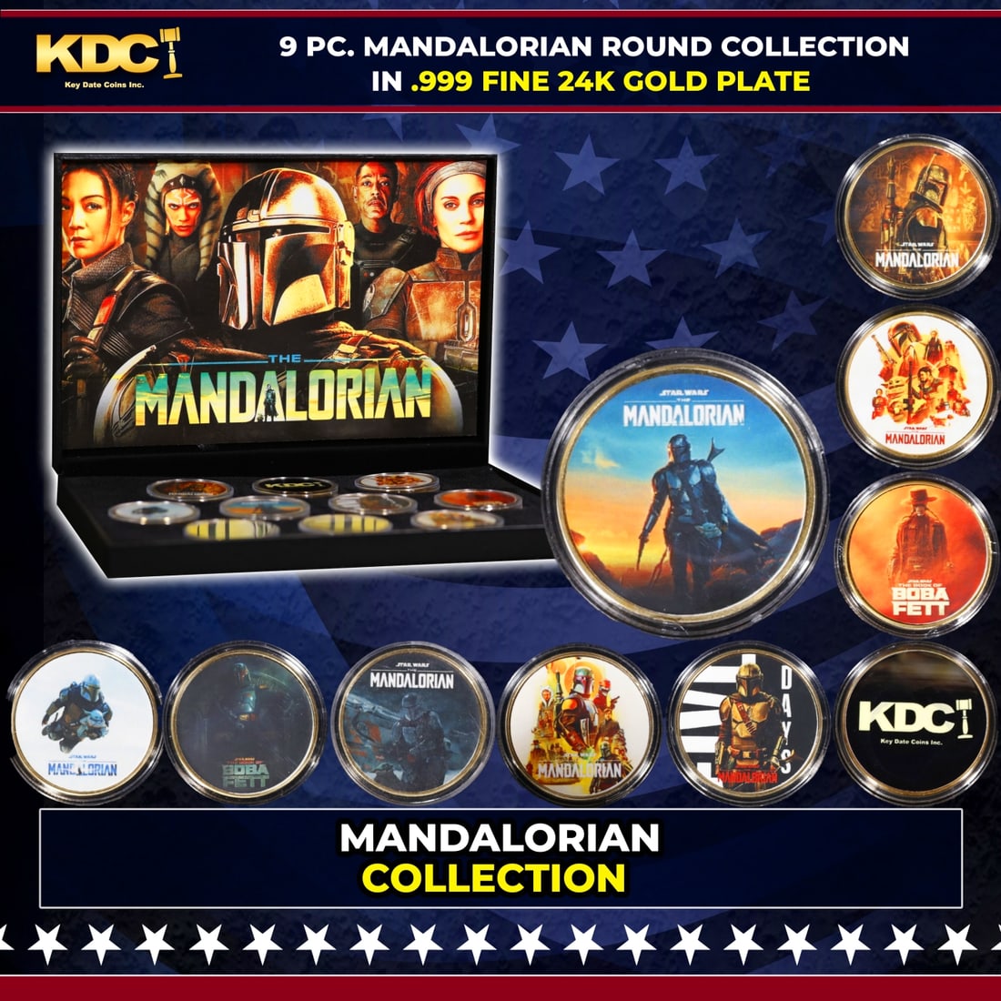 9 Coin The Mandalorian Din Djarin Disney Star Wars Gold Plated Round Collection: 9 Coin The Mandalorian Din Djarin Disney Star Wars Gold Plated Round Collection. Please Note All Backer Cards may have slight differences but will be very similar if not identical to the one in the ph