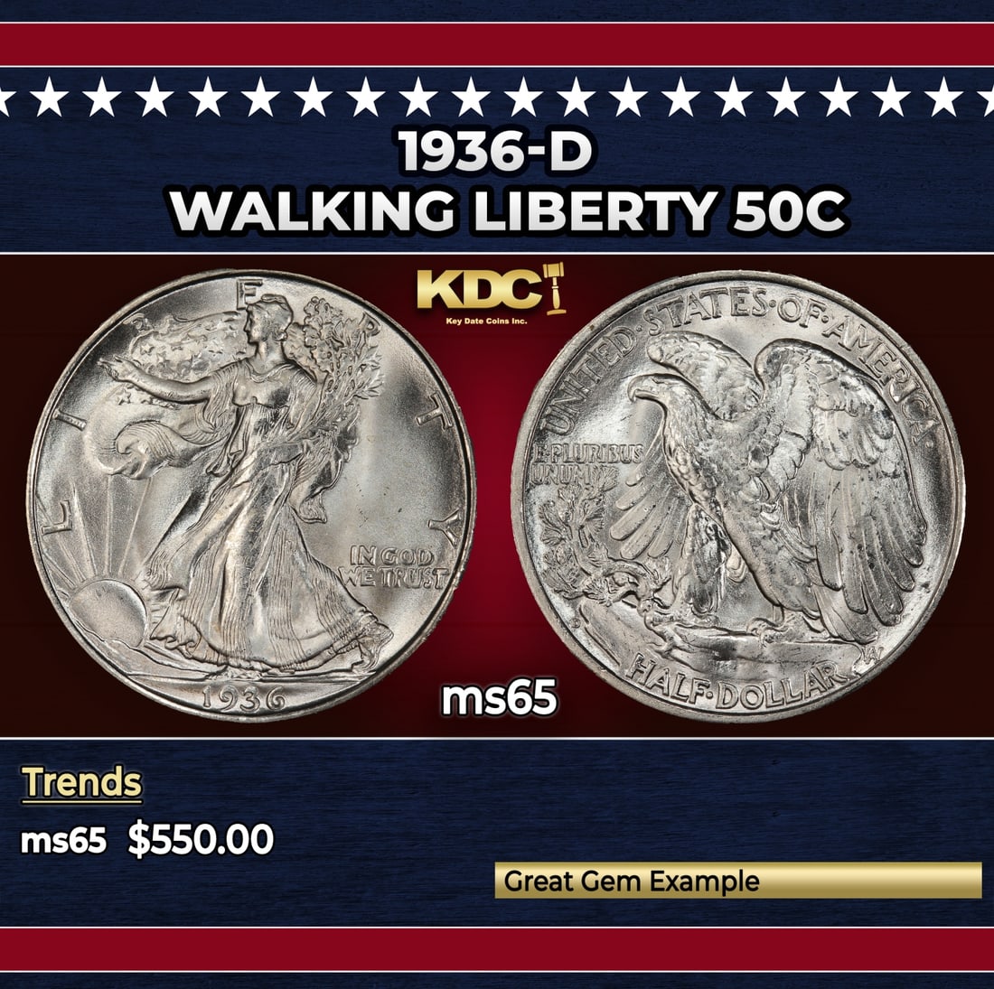 1936-d Walking Liberty Half Dollar 50c Grades ms65: 1936-d Walking Liberty Half Dollar 50c Grades ms65. Historic precious metal trends is causing increased spot pricing by the day. On auctions with set openings, we are doing our best to have items pric