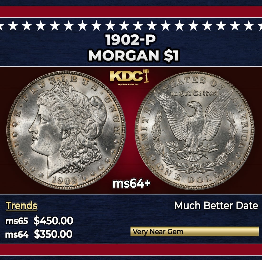 1902-p Morgan Dollar $1 Grades ms64+: 1902-p Morgan Dollar $1 Grades ms64+. Historic precious metal trends is causing increased spot pricing by the day. On auctions with set openings, we are doing our best to have items priced at their ma