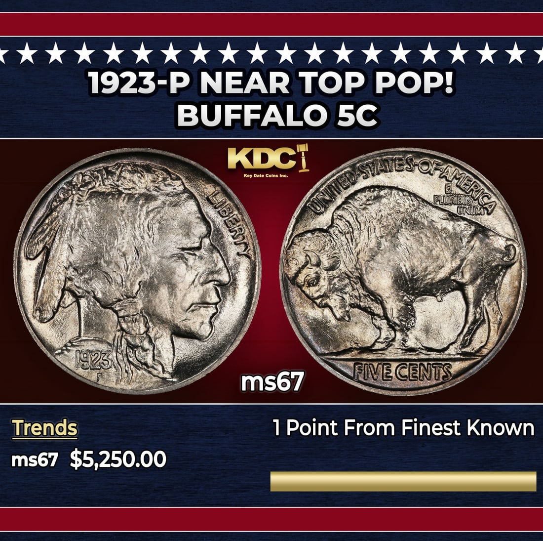 1923-p Buffalo Nickel Near Top Pop! 5c ms67 SEGS: 1923-p Near Top Pop! Buffalo Nickel 5c ms67 SEGS. Historic precious metal trends is causing increased spot pricing by the day. On auctions with set openings, we are doing our best to have items priced