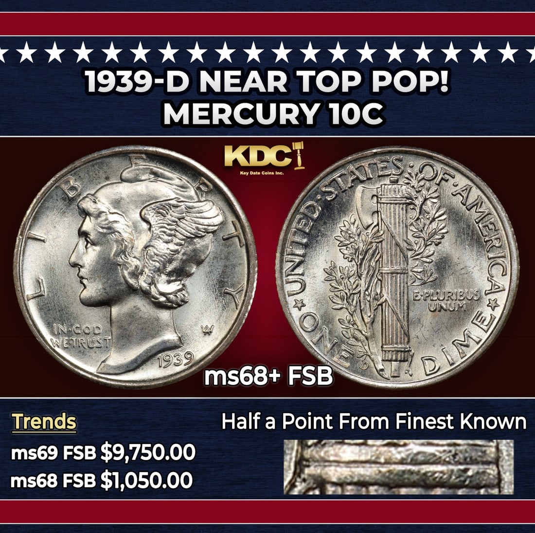 1939-d Mercury Dime Near Top Pop! 10c ms68+ FSB SEGS: 1939-d Near Top Pop! Mercury Dime 10c ms68+ FSB SEGS. Historic precious metal trends is causing increased spot pricing by the day. On auctions with set openings, we are doing our best to have items pr