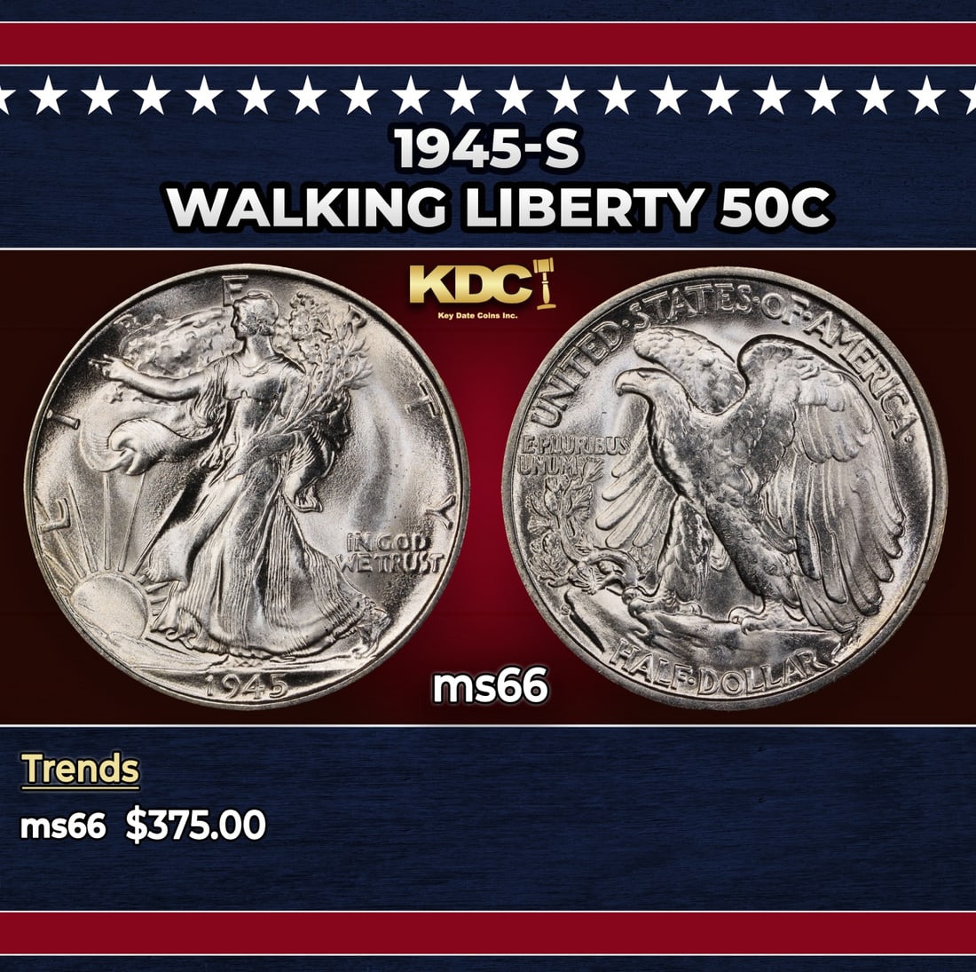 1945-s Walking Liberty Half Dollar 50c Grades ms66: 1945-s Walking Liberty Half Dollar 50c Grades ms66. Historic precious metal trends is causing increased spot pricing by the day. On auctions with set openings, we are doing our best to have items pric