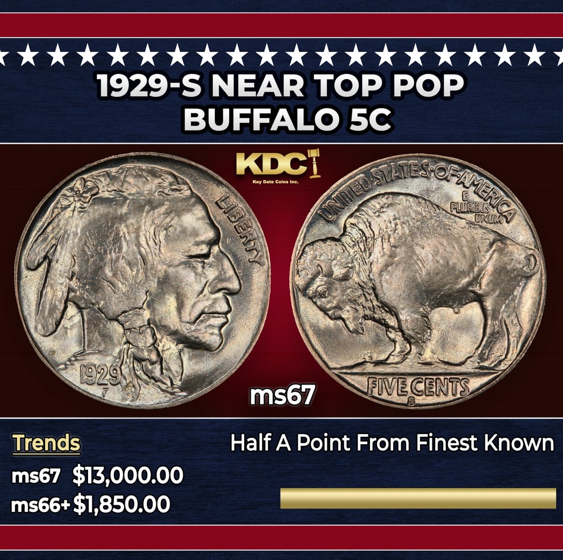 1929-s Buffalo Nickel Near Top Pop 5c ms67 SEGS: 1929-s Near Top Pop Buffalo Nickel 5c ms67 SEGS. Historic precious metal trends is causing increased spot pricing by the day. On auctions with set openings, we are doing our best to have items priced