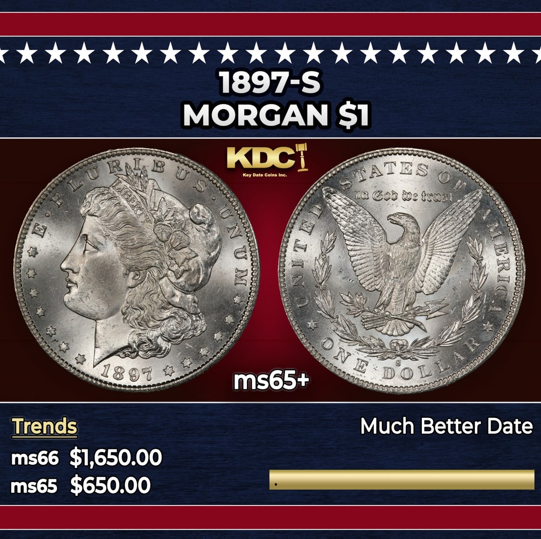 1897-s Morgan Dollar $1 ms65+ SEGS: 1897-s Morgan Dollar $1 ms65+ SEGS. Historic precious metal trends is causing increased spot pricing by the day. On auctions with set openings, we are doing our best to have items priced at their mark
