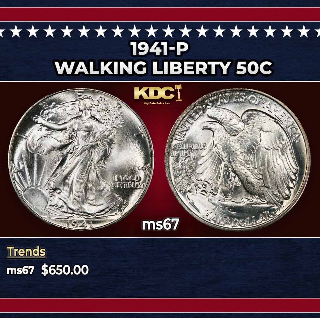 1941-p Walking Liberty Half Dollar 50c ms67 SEGS: 1941-p Walking Liberty Half Dollar 50c ms67 SEGS. Historic precious metal trends is causing increased spot pricing by the day. On auctions with set openings, we are doing our best to have items priced