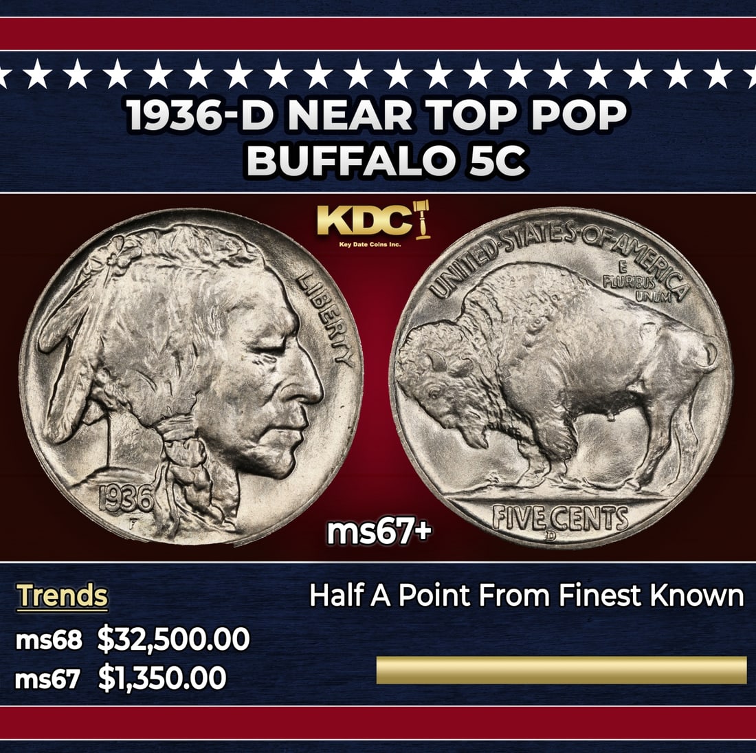 1936-d Buffalo Nickel Near Top Pop 5c ms67+ SEGS: 1936-d Near Top Pop Buffalo Nickel 5c ms67+ SEGS. Historic precious metal trends is causing increased spot pricing by the day. On auctions with set openings, we are doing our best to have items priced