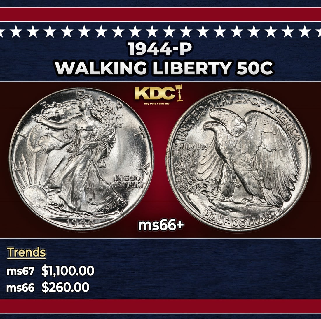 1944-p Walking Liberty Half Dollar 50c ms66+ SEGS: 1944-p Walking Liberty Half Dollar 50c ms66+ SEGS. Historic precious metal trends is causing increased spot pricing by the day. On auctions with set openings, we are doing our best to have items price