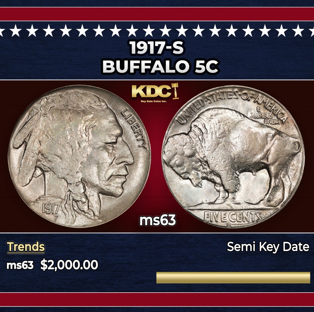 1917-s Buffalo Nickel 5c ms63 USCG: 1917-s Buffalo Nickel 5c ms63 USCG. Historic precious metal trends is causing increased spot pricing by the day. On auctions with set openings, we are doing our best to have items priced at their mark