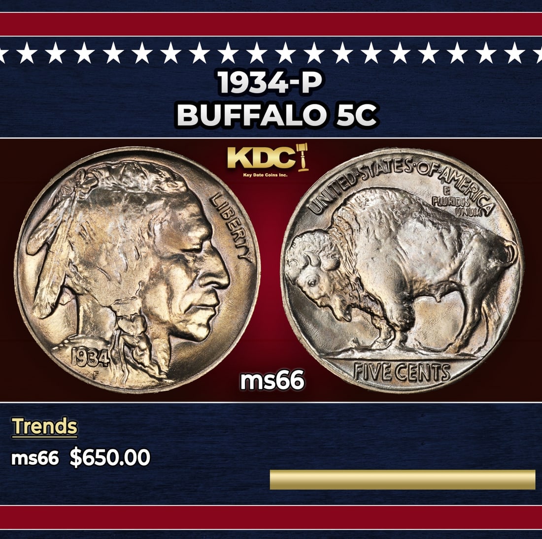 1934-p Buffalo Nickel 5c Grades ms66: 1934-p Buffalo Nickel 5c Grades ms66. Historic precious metal trends is causing increased spot pricing by the day. On auctions with set openings, we are doing our best to have items priced at their ma