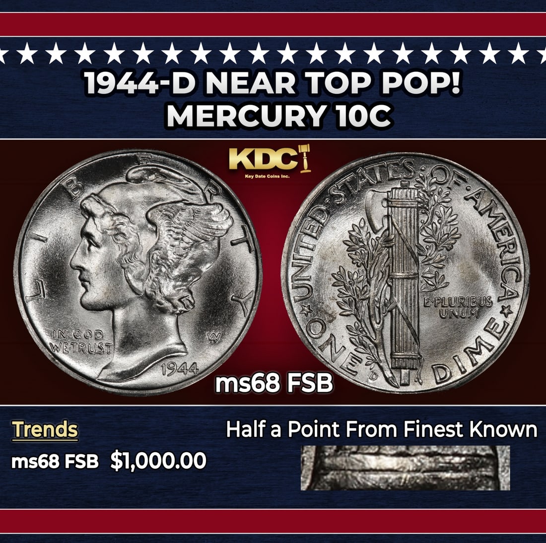 1944-d Mercury Dime Near Top Pop! 10c ms68 FSB SEGS: 1944-d Near Top Pop! Mercury Dime 10c ms68 FSB SEGS. Historic precious metal trends is causing increased spot pricing by the day. On auctions with set openings, we are doing our best to have items pri
