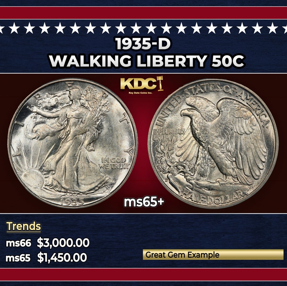 1935-d Walking Liberty Half Dollar 50c ms65+ SEGS: 1935-d Walking Liberty Half Dollar 50c ms65+ SEGS. Historic precious metal trends is causing increased spot pricing by the day. On auctions with set openings, we are doing our best to have items price