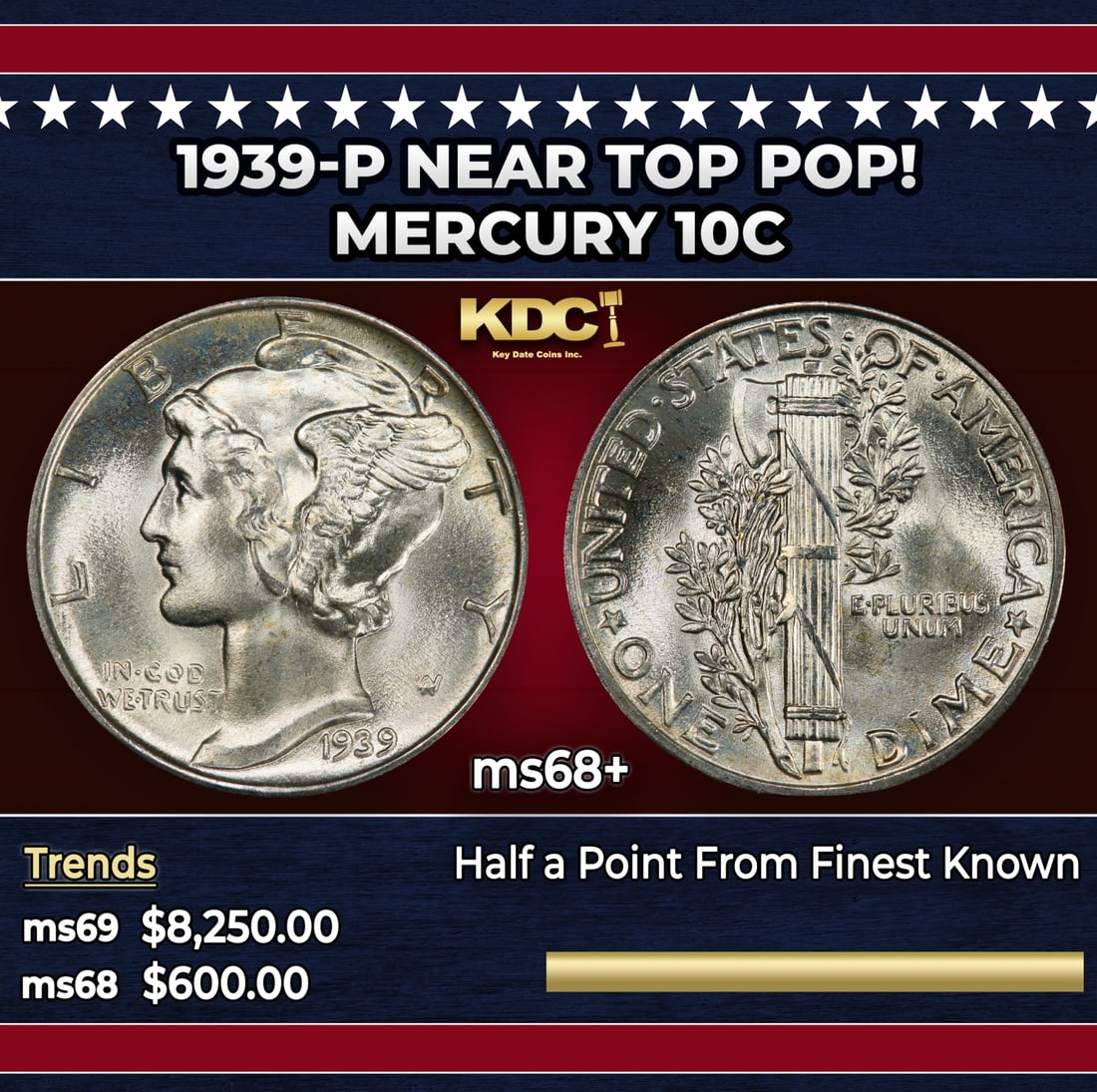 1939-p Mercury Dime Near Top Pop! 10c ms68+ SEGS: 1939-p Near Top Pop! Mercury Dime 10c ms68+ SEGS. Historic precious metal trends is causing increased spot pricing by the day. On auctions with set openings, we are doing our best to have items priced