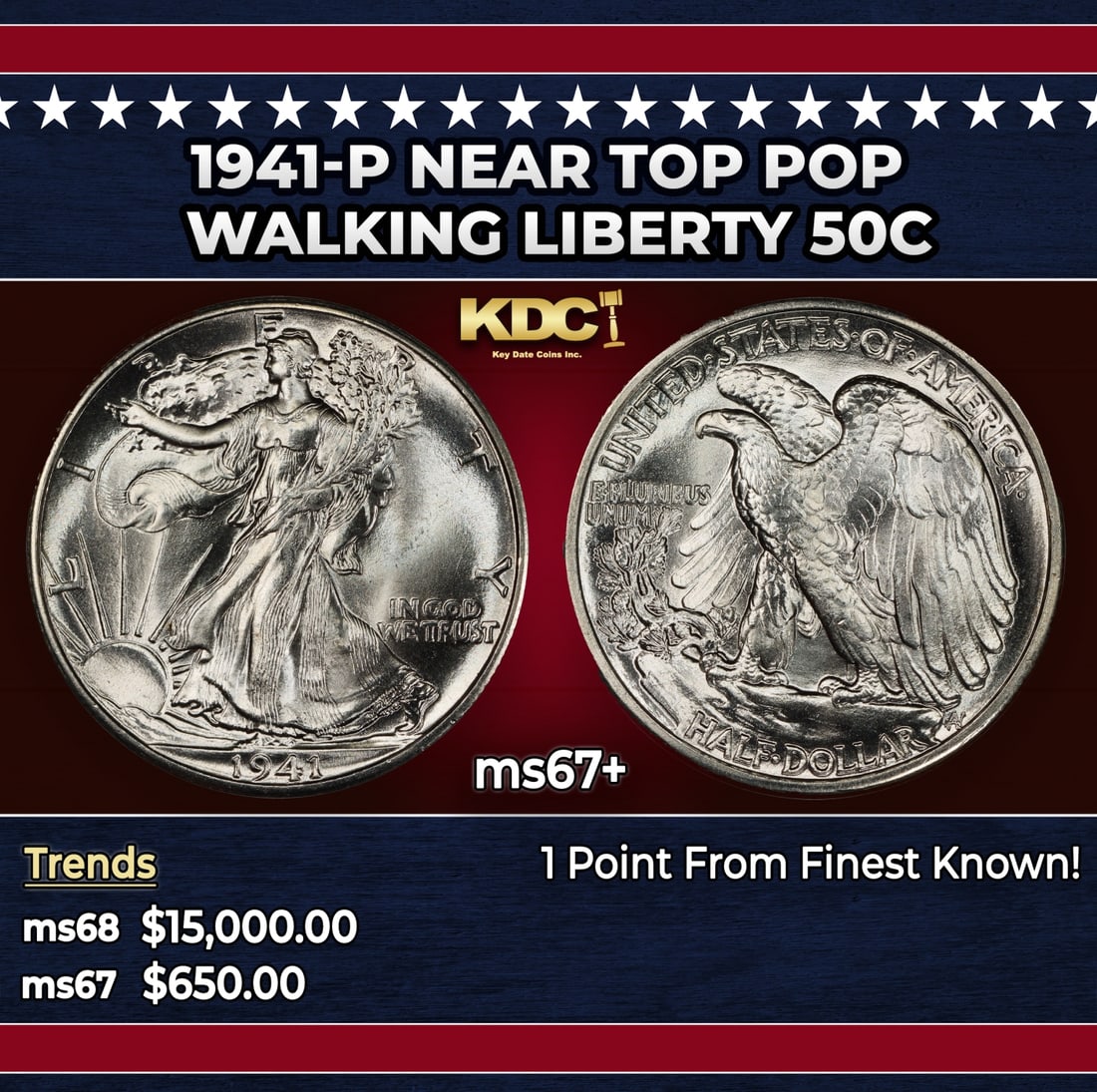 1941-p Walking Liberty Half Dollar Near Top Pop 50c ms67+ SEGS: 1941-p Near Top Pop Walking Liberty Half Dollar 50c ms67+ SEGS. Historic precious metal trends is causing increased spot pricing by the day. On auctions with set openings, we are doing our best to hav