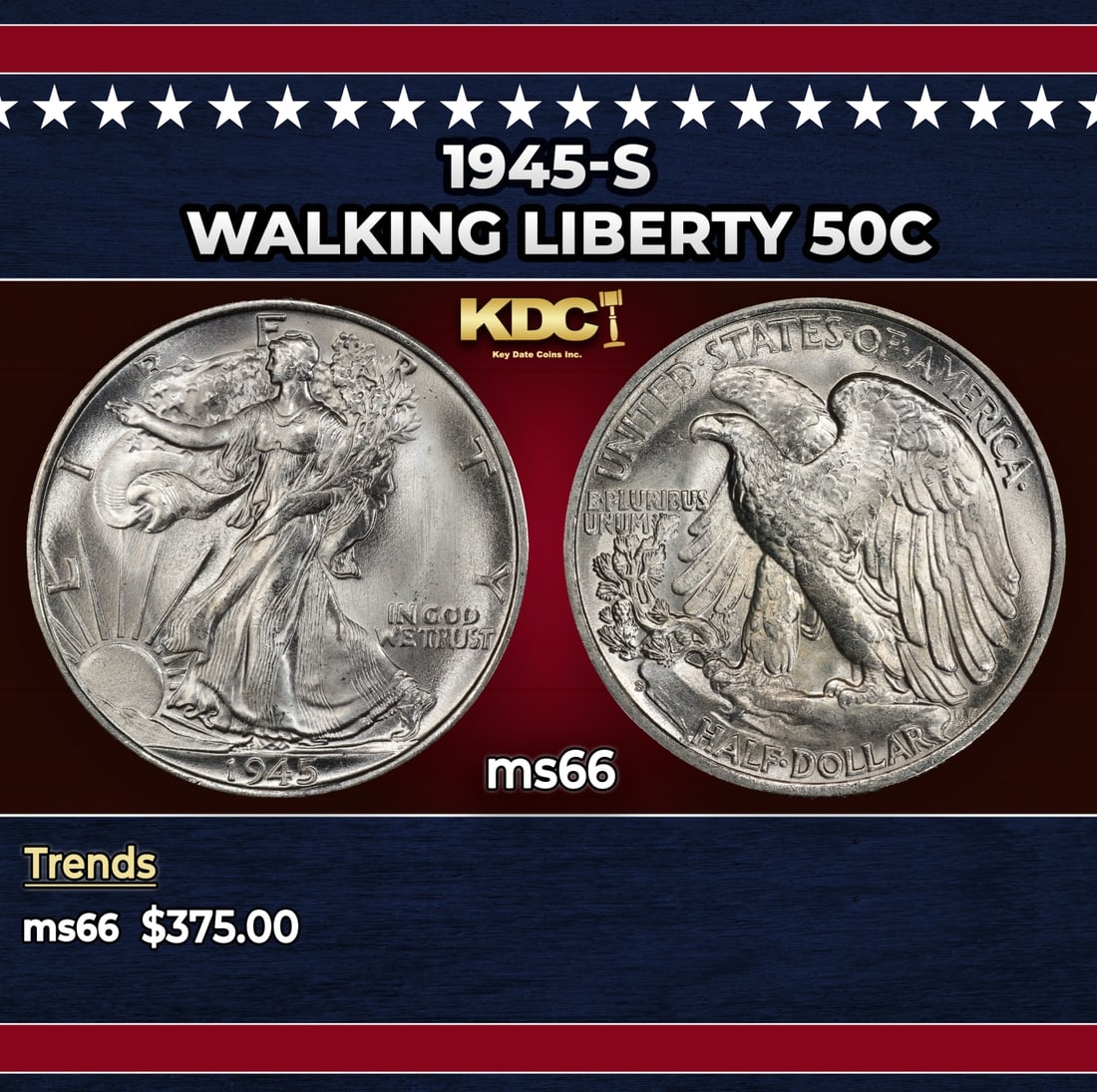 1945-s Walking Liberty Half Dollar 50c Grades ms66: 1945-s Walking Liberty Half Dollar 50c Grades ms66. Historic precious metal trends is causing increased spot pricing by the day. On auctions with set openings, we are doing our best to have items pric