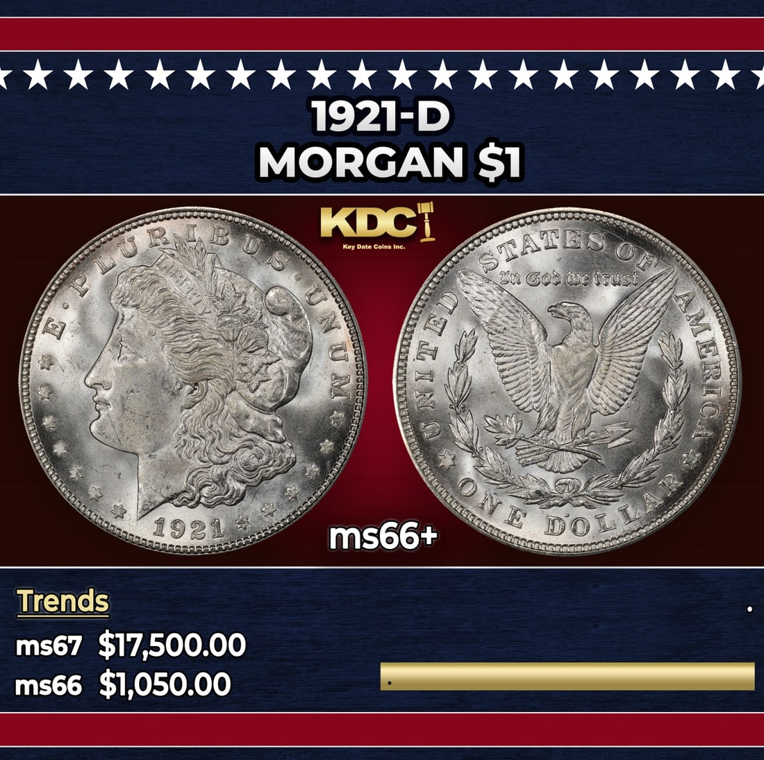 1921-d Morgan Dollar $1 ms66+ SEGS: 1921-d Morgan Dollar $1 ms66+ SEGS. Historic precious metal trends is causing increased spot pricing by the day. On auctions with set openings, we are doing our best to have items priced at their mark