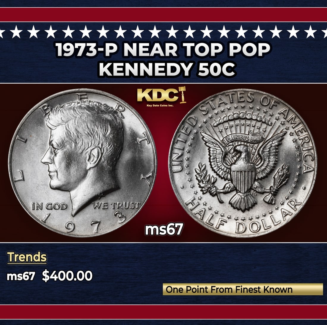 1973-p Kennedy Half Dollar Near Top Pop 50c ms67 SEGS: 1973-p Near Top Pop Kennedy Half Dollar 50c ms67 SEGS. Historic precious metal trends is causing increased spot pricing by the day. On auctions with set openings, we are doing our best to have items p