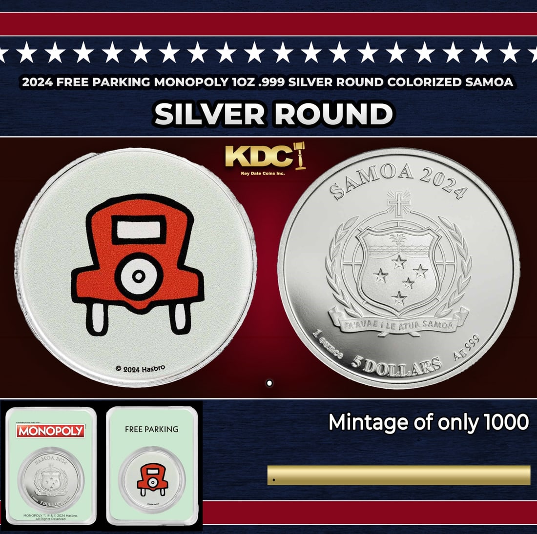 2024 Free Parking Monopoly 1oz .999 Silver Round Colorized Samoa Round: 2024 Free Parking Monopoly 1oz .999 Silver Round Colorized Samoa. Silver coin is in full color on one side and comes in licensed tamper-evident packaging (TEP). There is a mintage of only 1,000 coins.