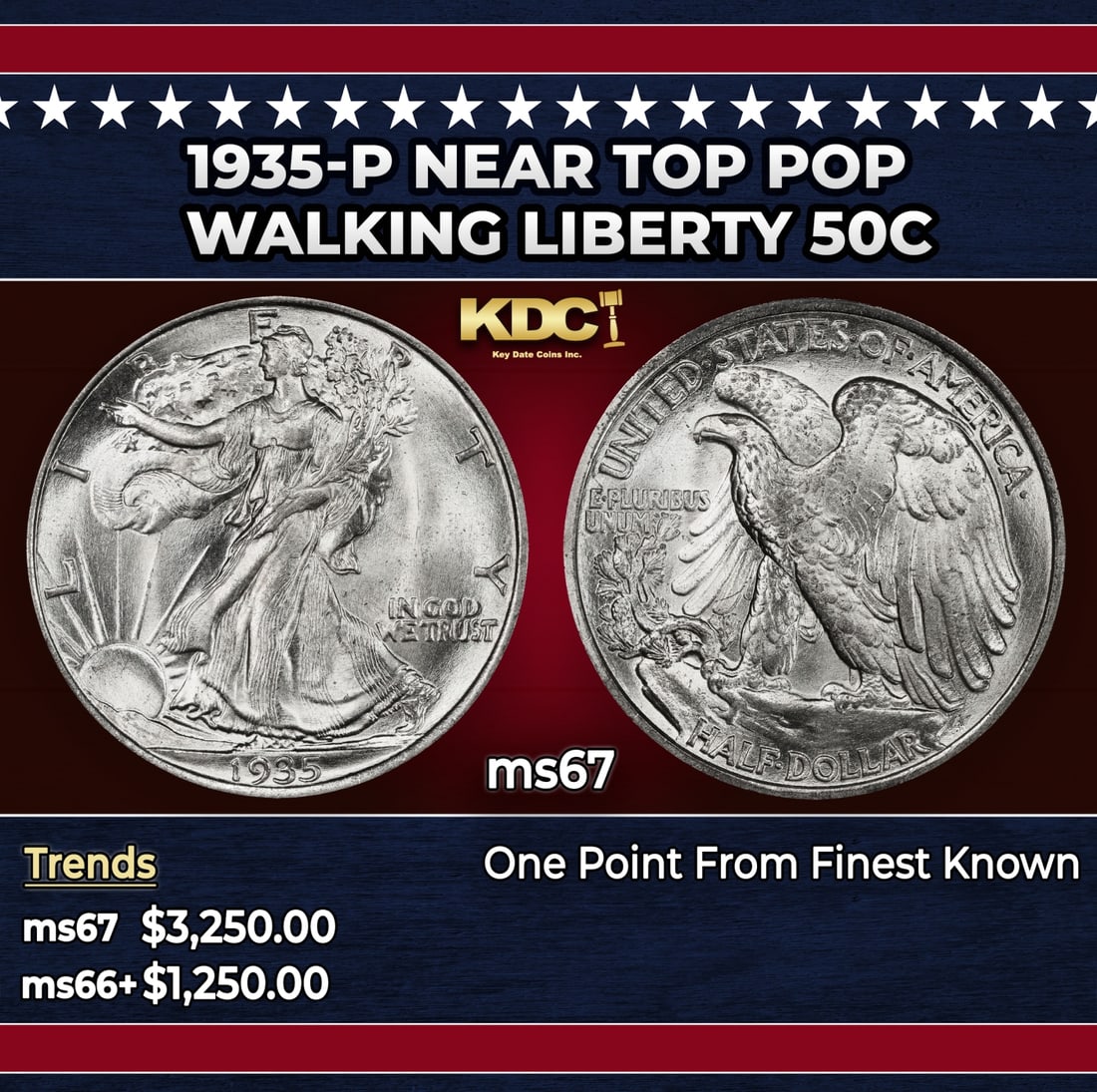 1935-p Walking Liberty Half Dollar Near Top Pop 50c ms67 SEGS: 1935-p Near Top Pop Walking Liberty Half Dollar 50c ms67 SEGS. Historic precious metal trends is causing increased spot pricing by the day. On auctions with set openings, we are doing our best to have