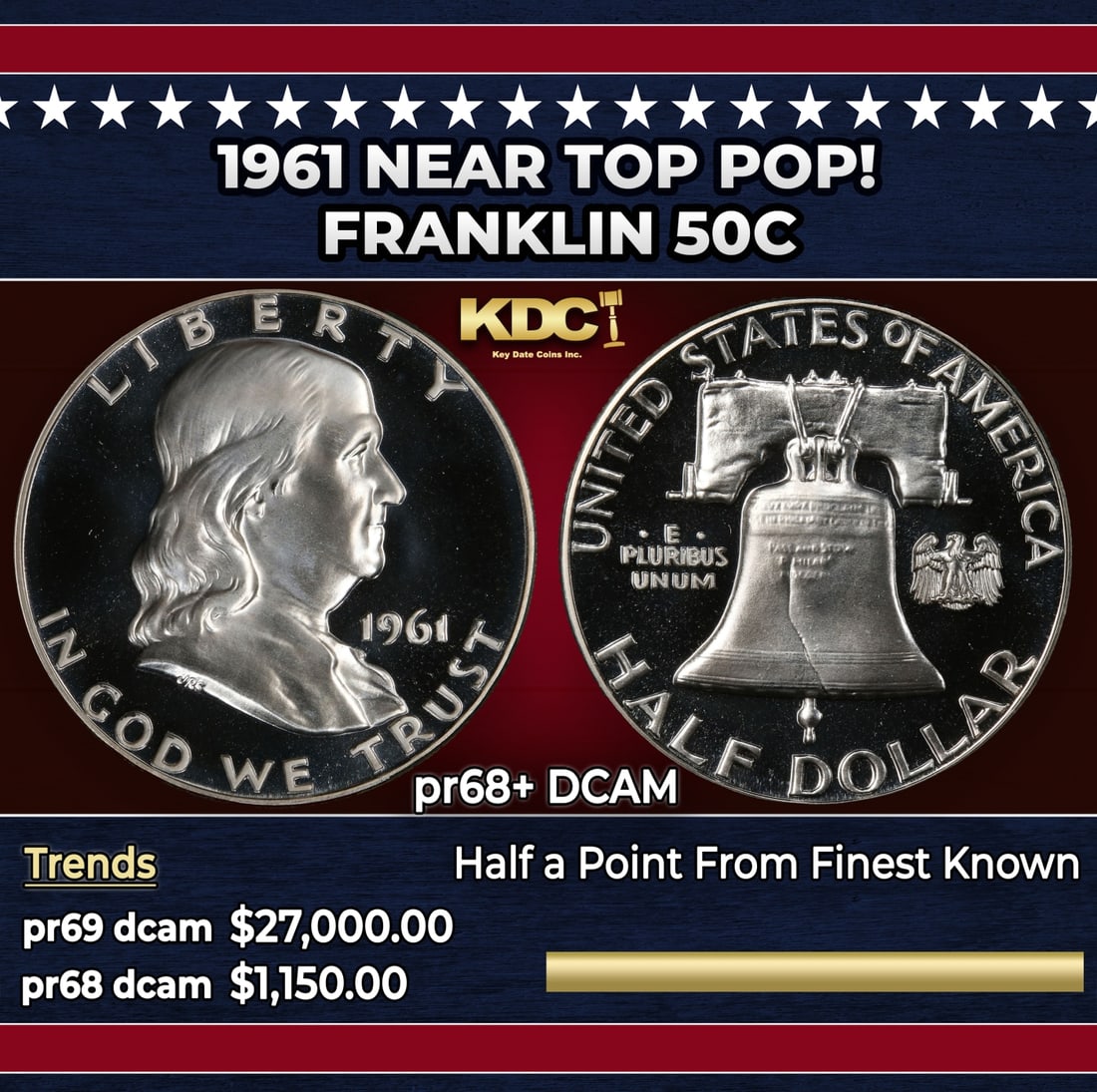1961 Proof Franklin Half Dollar Near Top Pop! 50c pr68+ DCAM SEGS: 1961 Near Top Pop! Franklin Half Dollar 50c pr68+ DCAM SEGS. Historic precious metal trends is causing increased spot pricing by the day. On auctions with set openings, we are doing our best to have i
