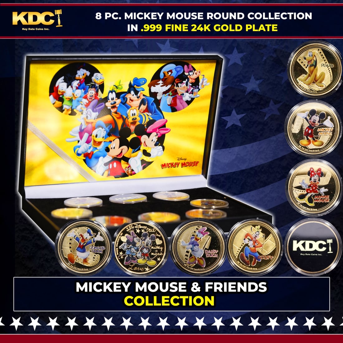 8 PC. Mickey Mouse & Friends Gold Plated Round Collection In Custom Box W/ Special Backer card: 8 PC. Mickey Mouse & Friends Gold Plated Round Collection In Custom Box W/ Special Backer card. Please Note All Backer Cards may have slight differences but will be very similar if not identical to th
