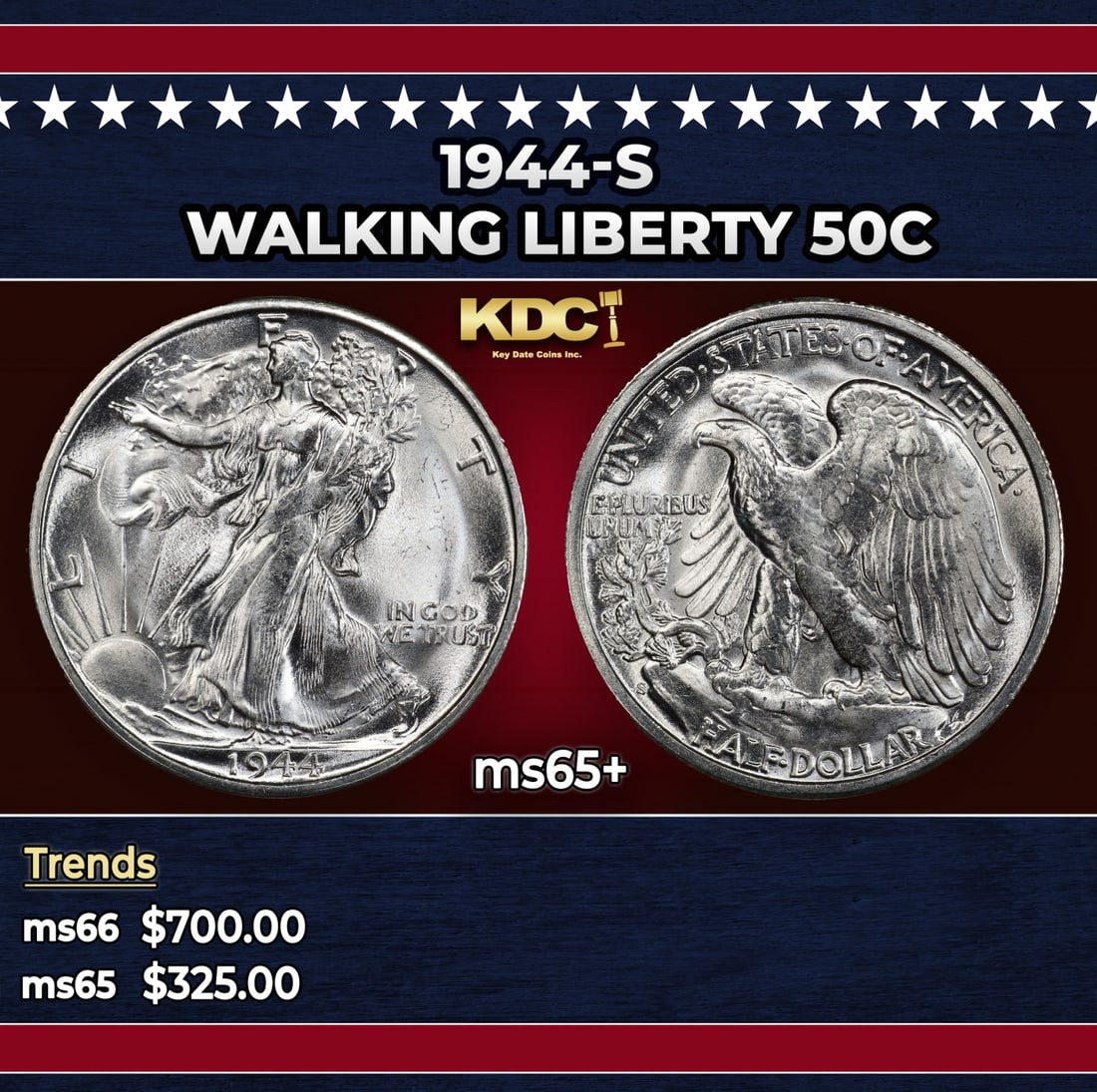 1944-s Walking Liberty Half Dollar 50c Grades ms65+: 1944-s Walking Liberty Half Dollar 50c Grades ms65+. Historic precious metal trends is causing increased spot pricing by the day. On auctions with set openings, we are doing our best to have items pri