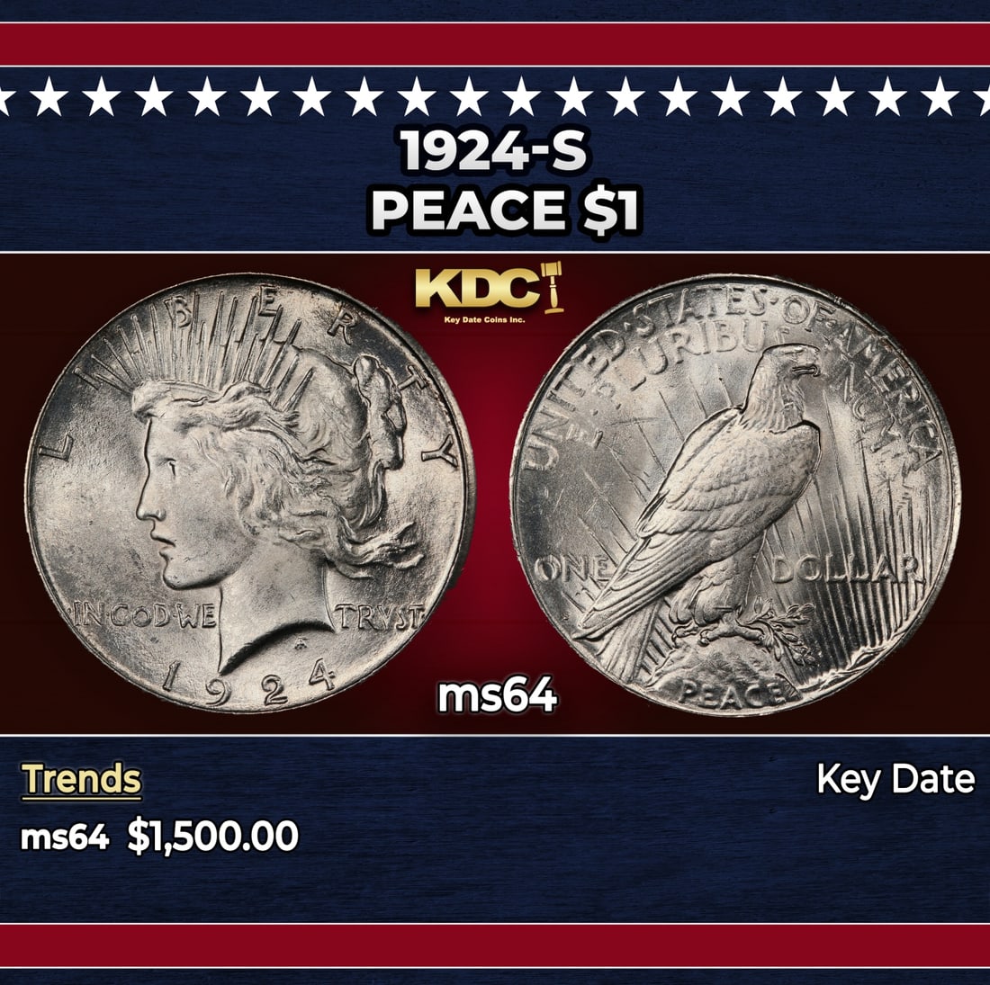 1924-s Peace Dollar $1 ms64 SEGS: 1924-s Peace Dollar $1 ms64 SEGS. Historic precious metal trends is causing increased spot pricing by the day. On auctions with set openings, we are doing our best to have items priced at their market