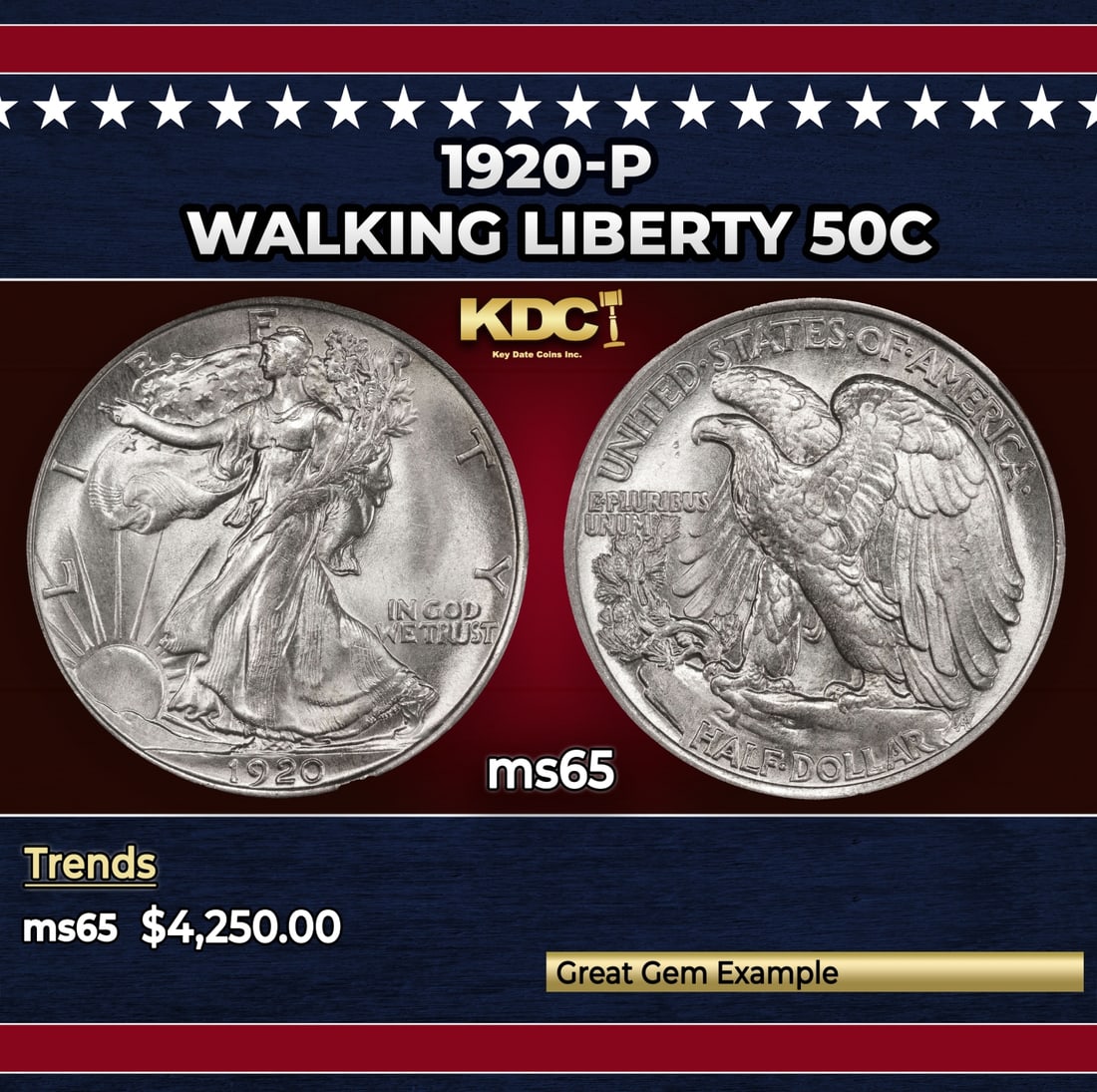 1920-p Walking Liberty Half Dollar 50c ms65 SEGS: 1920-p Walking Liberty Half Dollar 50c ms65 SEGS. Historic precious metal trends is causing increased spot pricing by the day. On auctions with set openings, we are doing our best to have items priced