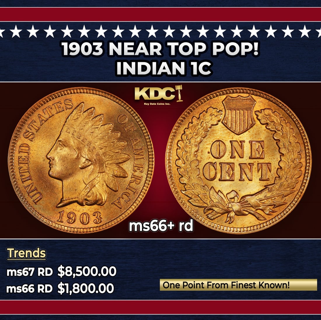1903 Indian Cent Near Top Pop! 1c ms66+ rd SEGS: 1903 Near Top Pop! Indian Cent 1c ms66+ rd SEGS. Historic precious metal trends is causing increased spot pricing by the day. On auctions with set openings, we are doing our best to have items priced