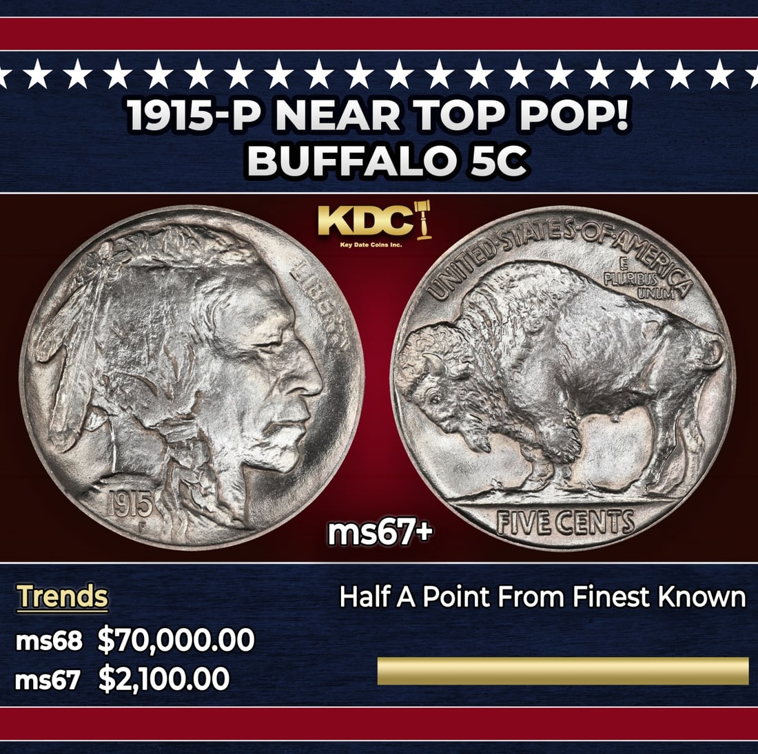 1915-p Buffalo Nickel Near Top Pop! 5c ms67+ SEGS: 1915-p Near Top Pop! Buffalo Nickel 5c ms67+ SEGS. Historic precious metal trends is causing increased spot pricing by the day. On auctions with set openings, we are doing our best to have items price