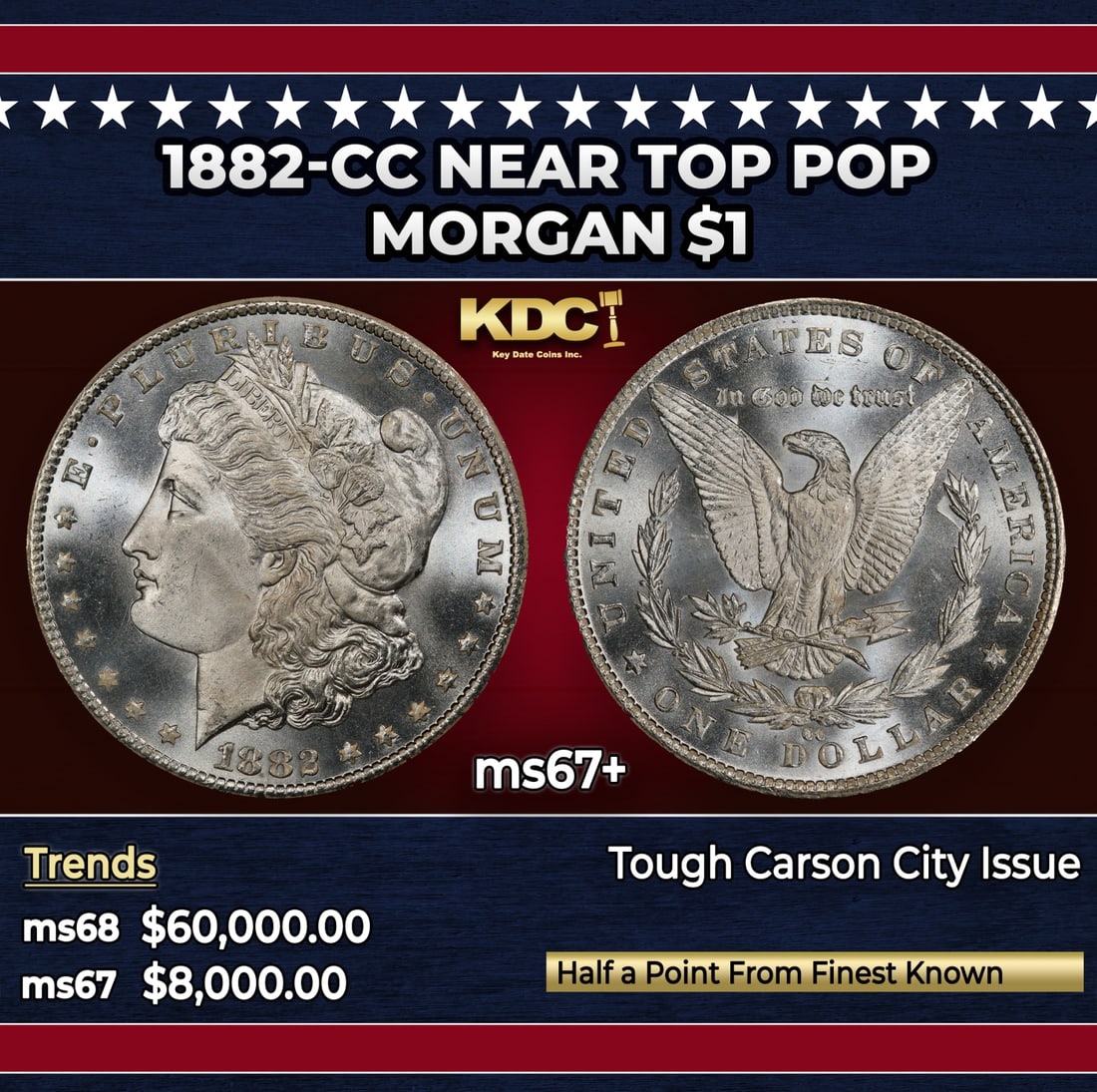 1882-cc Morgan Dollar Near Top Pop $1 ms67+ SEGS: 1882-cc Near Top Pop Morgan Dollar $1 ms67+ SEGS. Historic precious metal trends is causing increased spot pricing by the day. On auctions with set openings, we are doing our best to have items priced