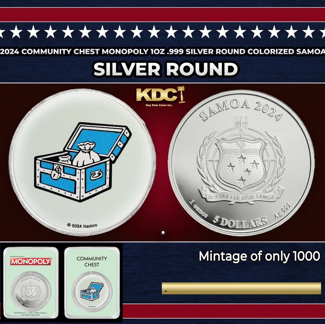 2024 Community Chest Monopoly 1oz .999 Silver Round Colorized Samoa Round: 2024 Community Chest Monopoly 1oz .999 Silver Round Colorized Samoa. Silver coin is in full color on one side has a mintage of only 1,000 coins. It comes in a licensed tamper-evident packaging (TEP).T