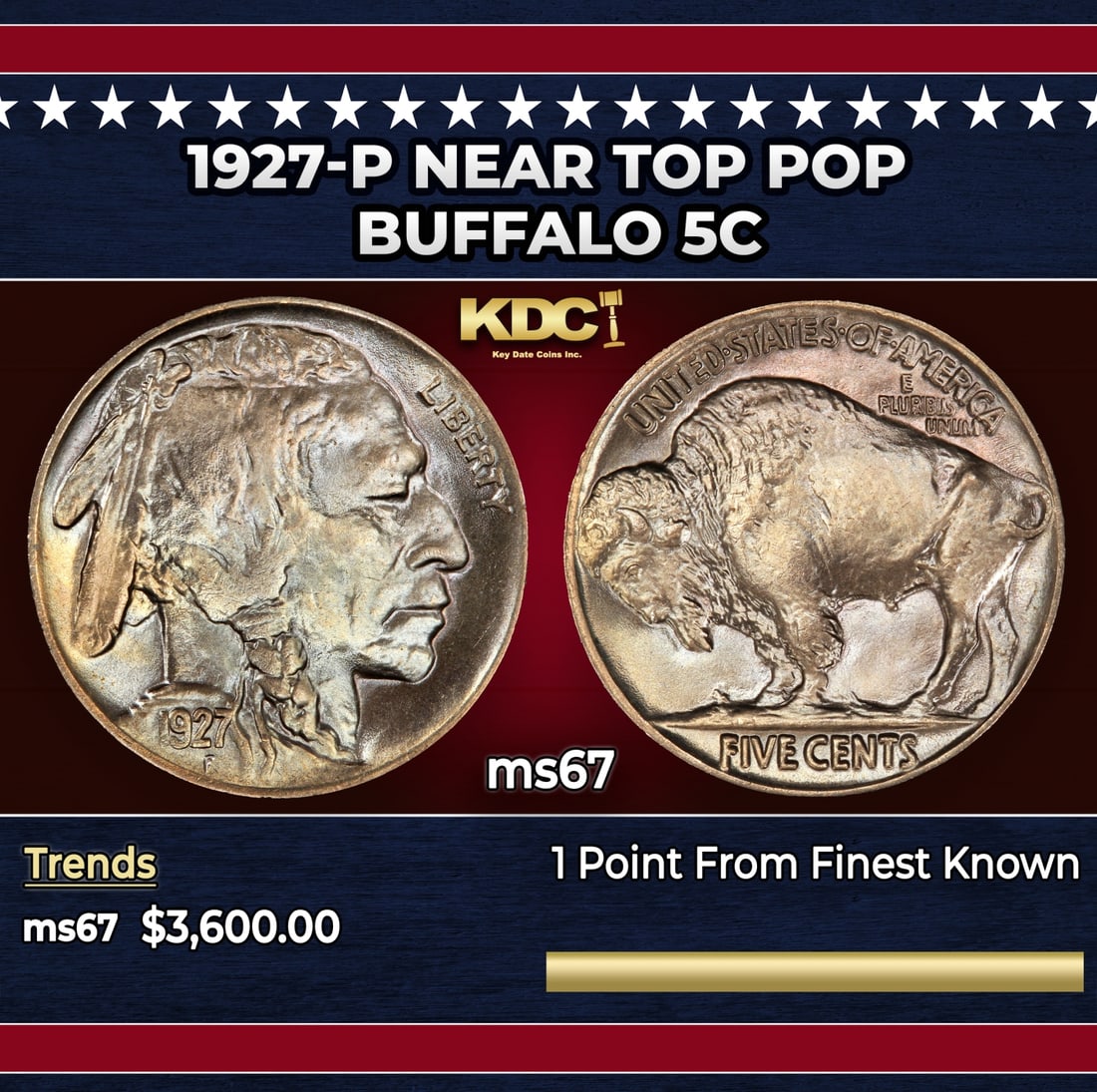 1927-p Buffalo Nickel Near Top Pop 5c ms67 SEGS: 1927-p Near Top Pop Buffalo Nickel 5c ms67 SEGS. Historic precious metal trends is causing increased spot pricing by the day. On auctions with set openings, we are doing our best to have items priced