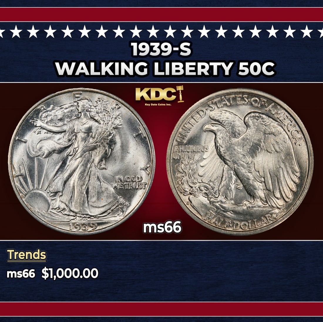 1939-s Walking Liberty Half Dollar 50c ms66 SEGS: 1939-s Walking Liberty Half Dollar 50c ms66 SEGS. Historic precious metal trends is causing increased spot pricing by the day. On auctions with set openings, we are doing our best to have items priced