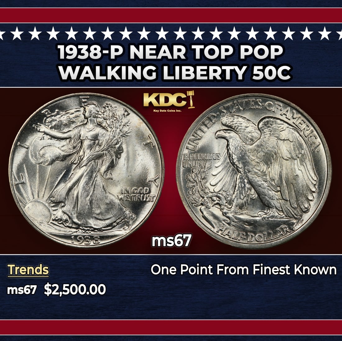 1938-p Walking Liberty Half Dollar Near Top Pop 50c ms67 SEGS: 1938-p Near Top Pop Walking Liberty Half Dollar 50c ms67 SEGS. Historic precious metal trends is causing increased spot pricing by the day. On auctions with set openings, we are doing our best to have