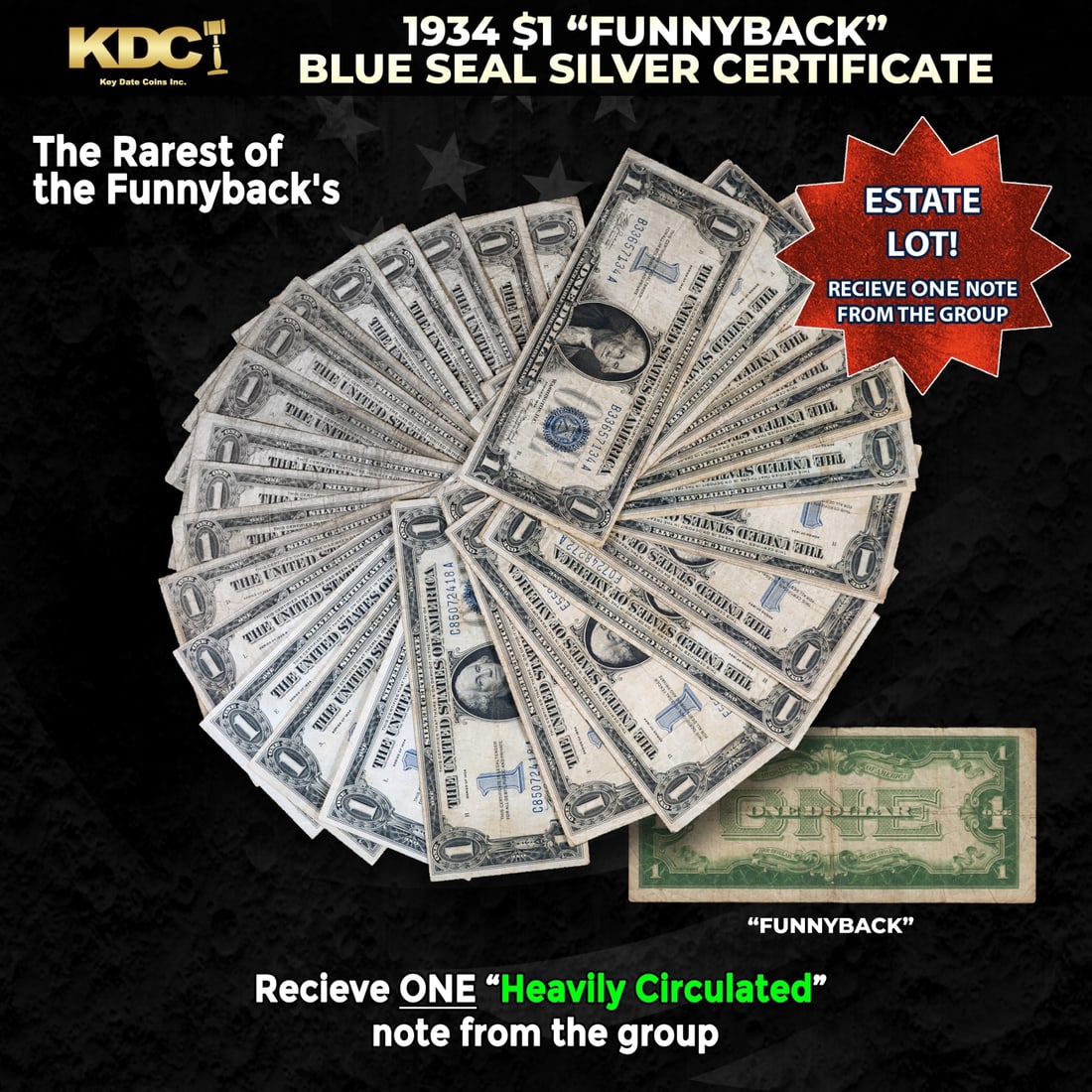 1x 1934 $1 Funnyback Blue Seal Silver Certificate Heavily Circulated: 1x 1934 $1 Funnyback Blue Seal Silver Certificate Heavily Circulated. This note features the familiar portrait of George Washington that was used on all of our $1 bills through to today, and the back
