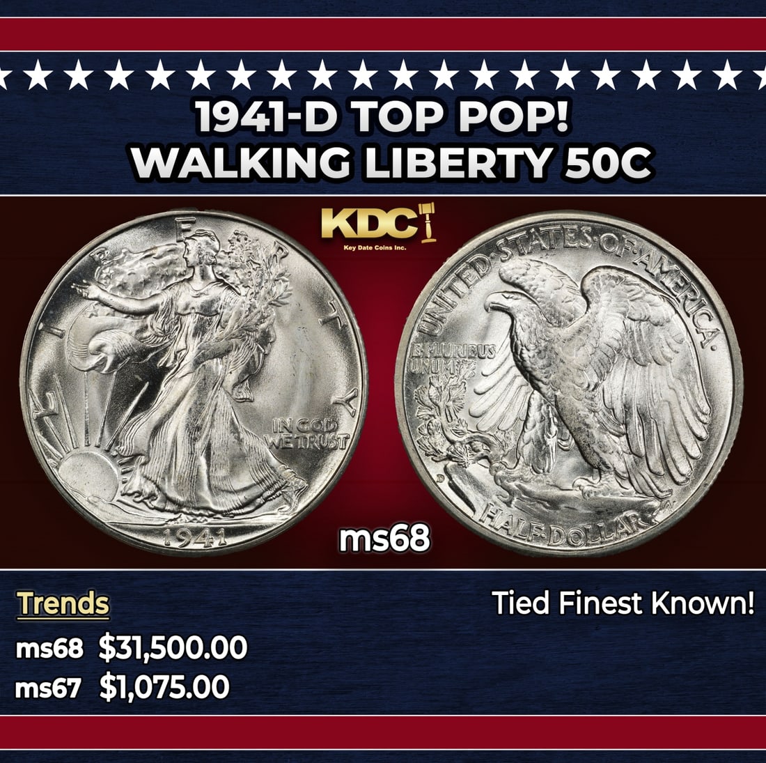 1941-d Walking Liberty Half Dollar TOP POP! 50c ms68 SEGS: 1941-d TOP POP! Walking Liberty Half Dollar 50c ms68 SEGS. Historic precious metal trends is causing increased spot pricing by the day. On auctions with set openings, we are doing our best to have ite