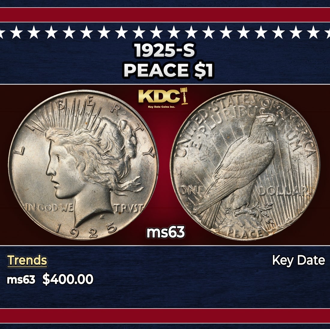1925-s Peace Dollar $1 Grades ms63: 1925-s Peace Dollar $1 Grades ms63. Historic precious metal trends is causing increased spot pricing by the day. On auctions with set openings, we are doing our best to have items priced at their mark