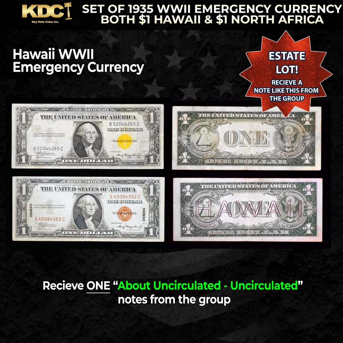 Set of 1935 WWII Emergency Currency Both $1 Hawaii & $1 North Africa Grades AU/CU: Set of 1935 WWII Emergency Currency Both $1 Hawaii & $1 North Africa Grades AU/CU. It was the darkest days of World War II, just after Pearl Harbor. Everybody in Hawaii was sitting on pins and needles
