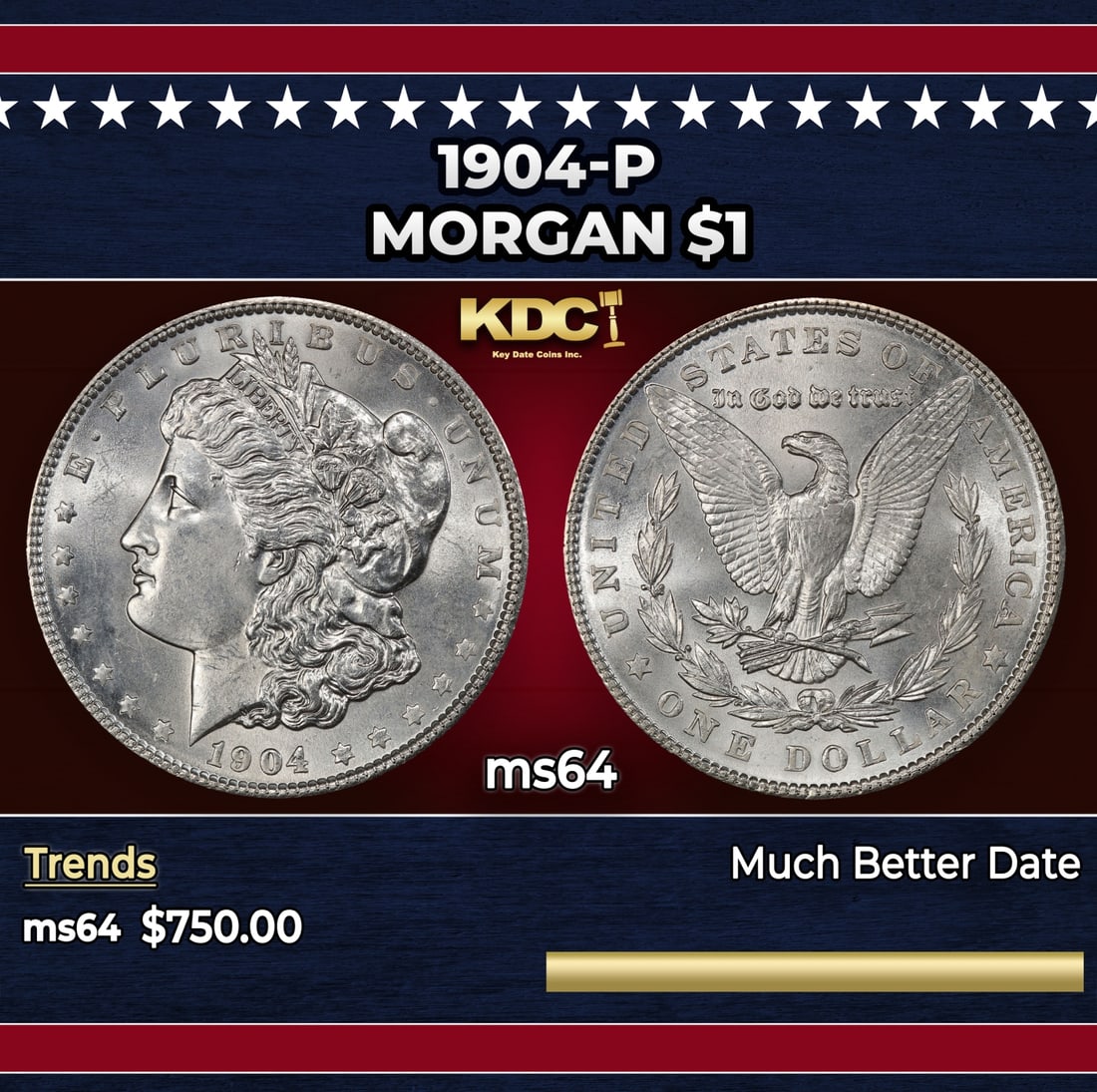 1904-p Morgan Dollar $1 Grades ms64: 1904-p Morgan Dollar $1 Grades ms64. Historic precious metal trends is causing increased spot pricing by the day. On auctions with set openings, we are doing our best to have items priced at their mar