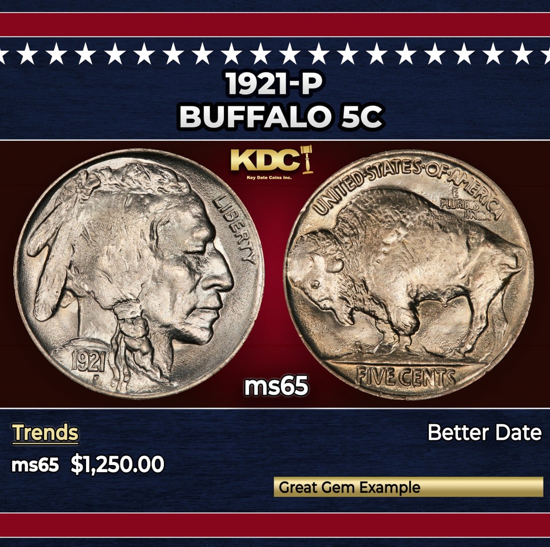 1921-p Buffalo Nickel 5c ms65 SEGS: 1921-p Buffalo Nickel 5c ms65 SEGS. Historic precious metal trends is causing increased spot pricing by the day. On auctions with set openings, we are doing our best to have items priced at their mark
