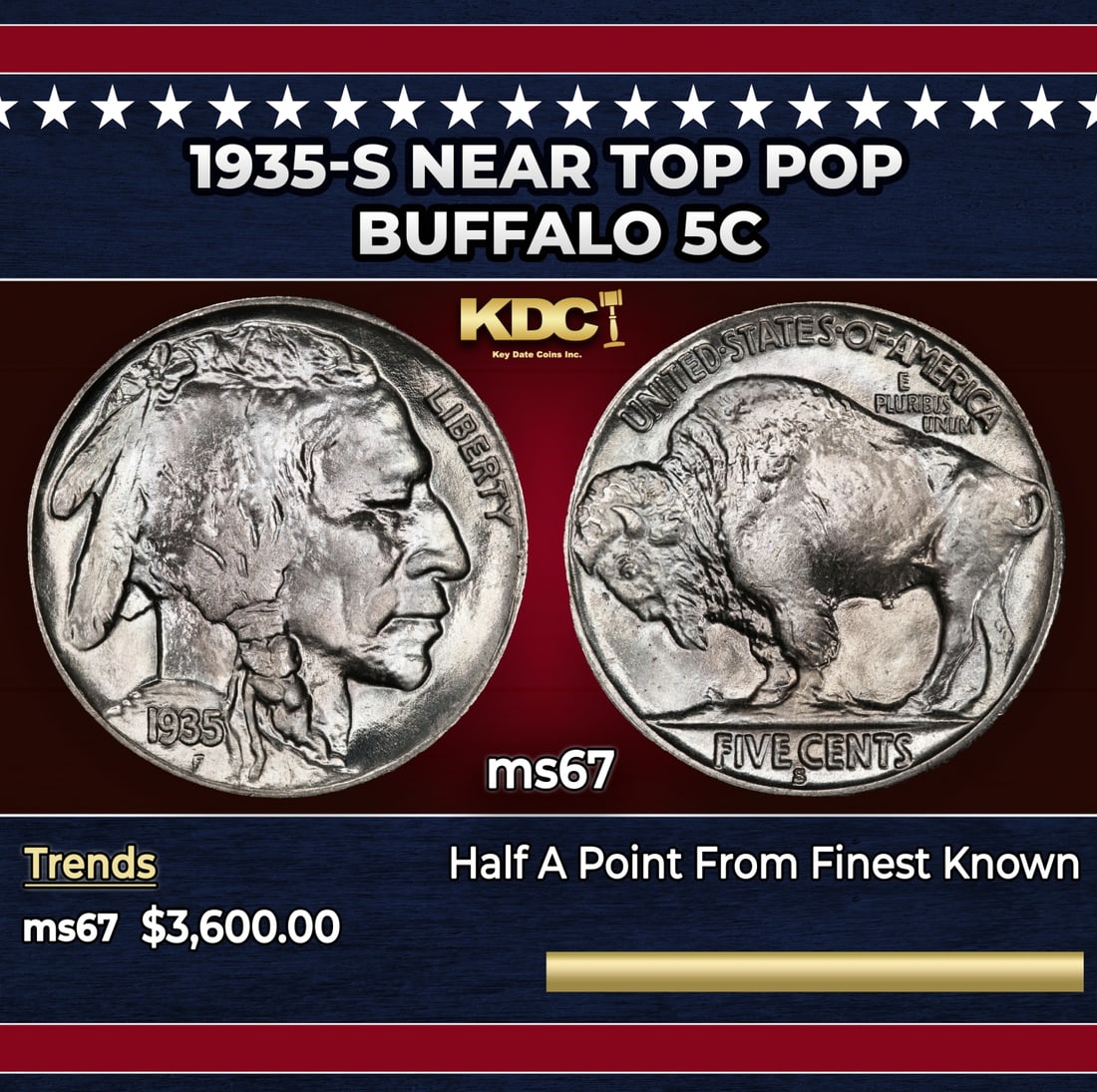 1935-s Buffalo Nickel Near Top Pop 5c ms67 SEGS: 1935-s Near Top Pop Buffalo Nickel 5c ms67 SEGS. Historic precious metal trends is causing increased spot pricing by the day. On auctions with set openings, we are doing our best to have items priced