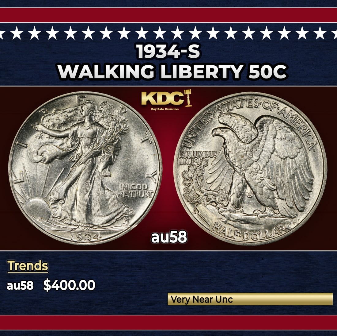 1934-s Walking Liberty Half Dollar 50c Grades au58: 1934-s Walking Liberty Half Dollar 50c Grades au58. Historic precious metal trends is causing increased spot pricing by the day. On auctions with set openings, we are doing our best to have items pric